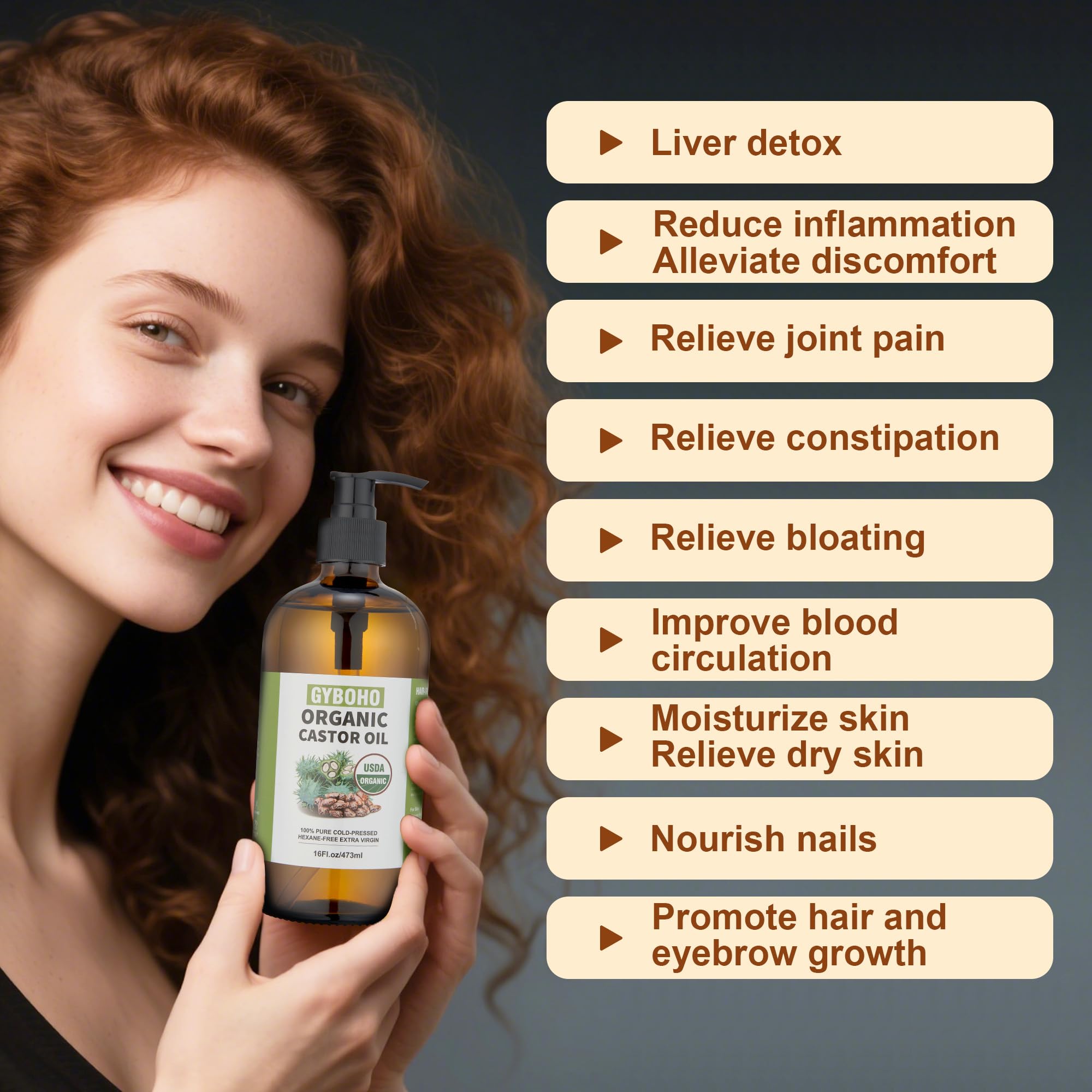 GYBOHO 16 oz glass bottle of organic castor oil for pure, easy application.