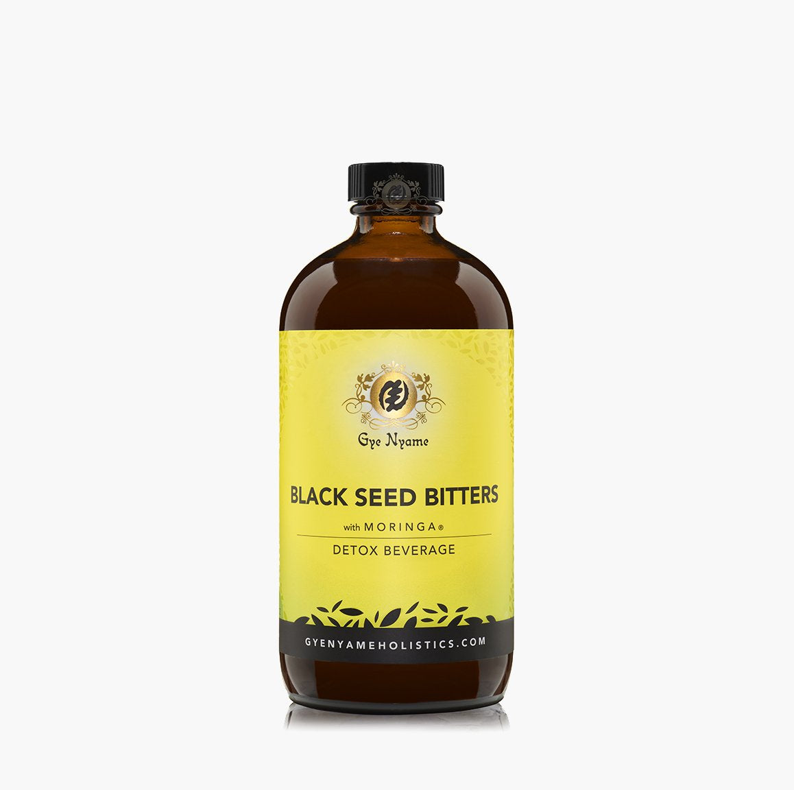 Gye Nyame Black Seed Bitters with Moringa bottle ready for a daily detox ritual.