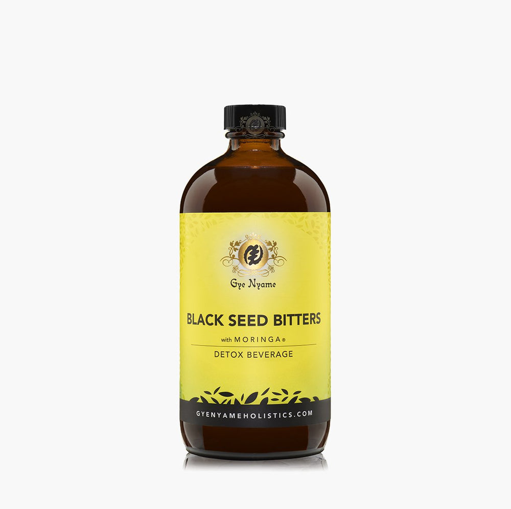 Gye Nyame Black Seed Bitters with Moringa bottle ready for a daily detox ritual.