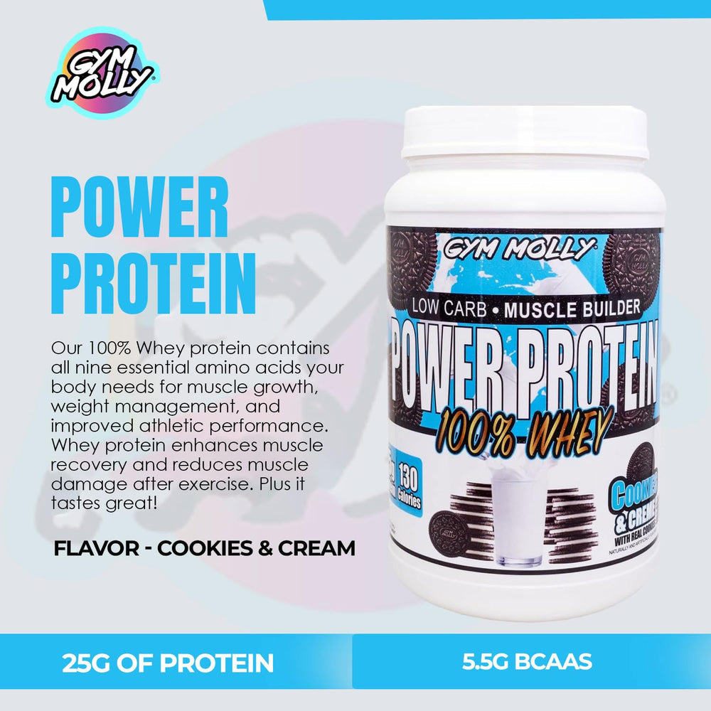 Gym Molly cookies-cream-powder with scoop for a tasty shake.