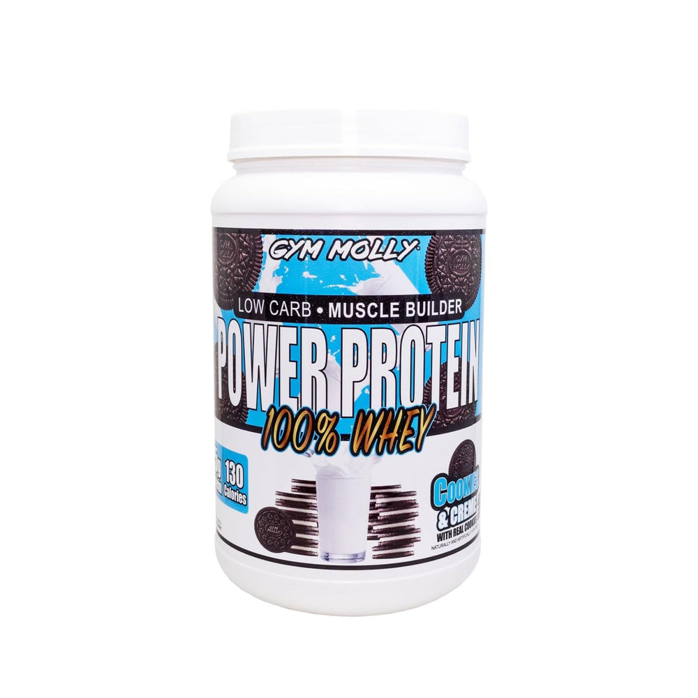 Gym Molly Power Protein bottle shows a 2lb container for post-workout fuel.