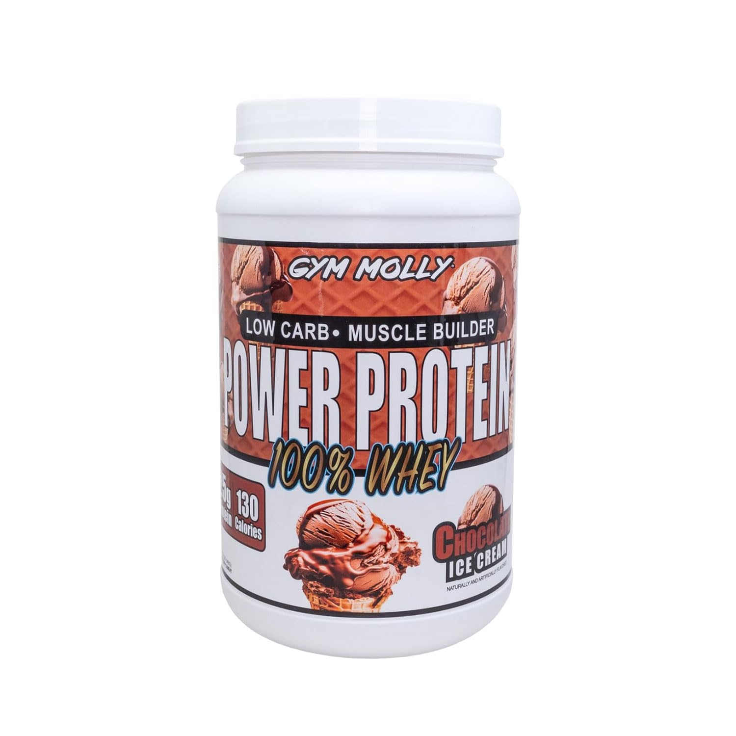 Gym Molly Power Protein jar highlights premium whey isolate for post-workout fueling.