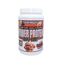 Gym Molly Power Protein jar highlights premium whey isolate for post-workout fueling.