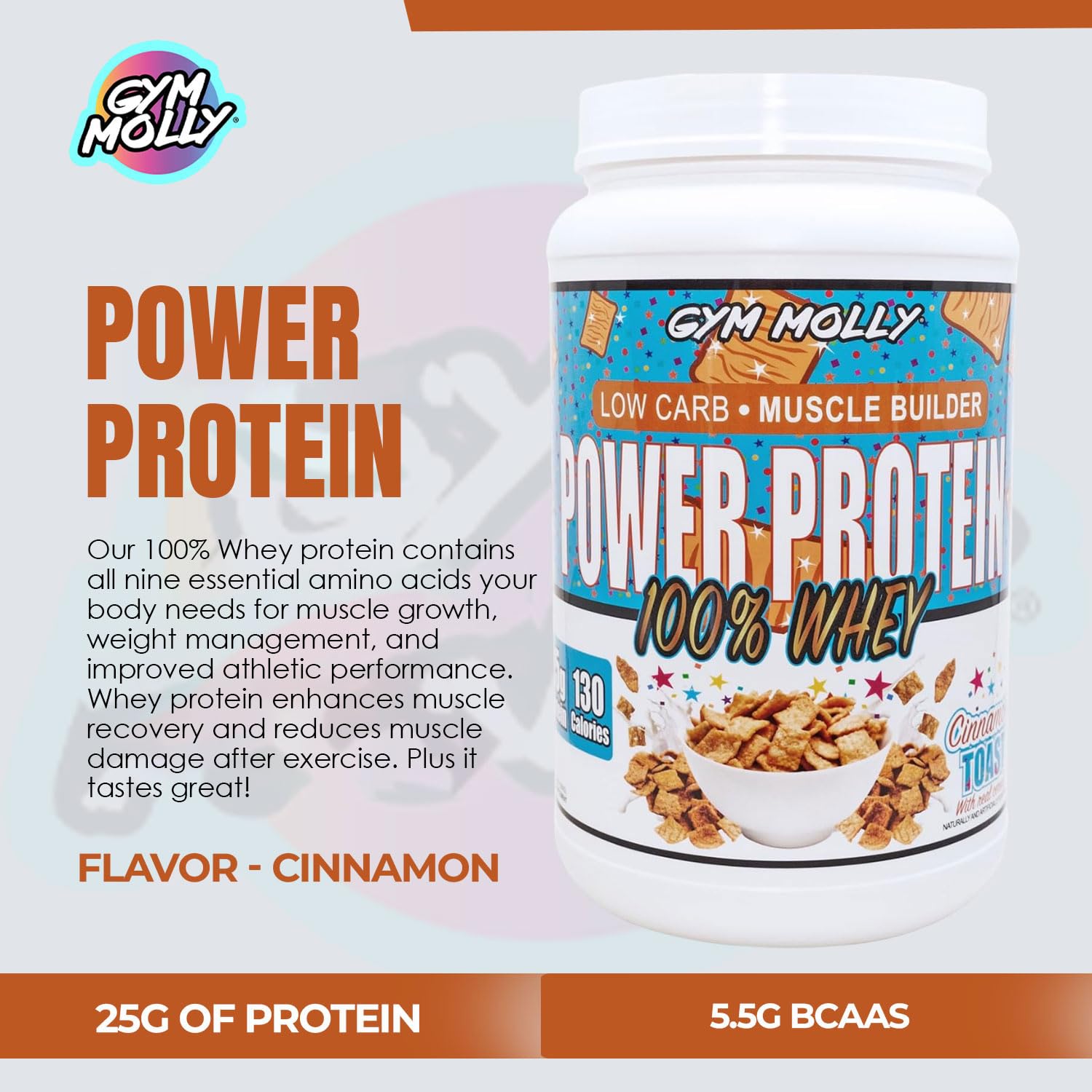 Gym Molly Power Protein Powder 25 g scoop highlights high protein per serving.