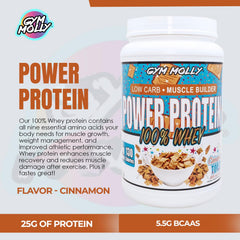 Gym Molly Power Protein Powder 25 g scoop highlights high protein per serving.