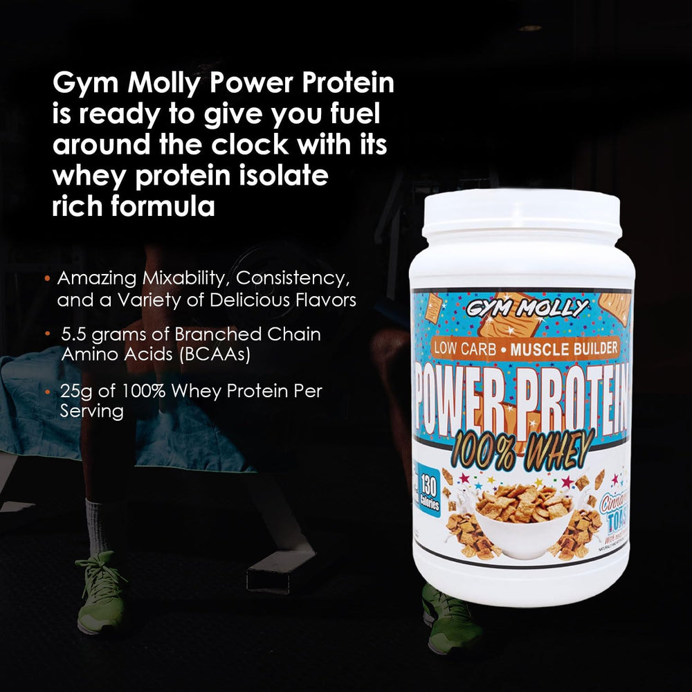Gym Molly Power Protein Powder supports an active lifestyle with cinnamon flavor.