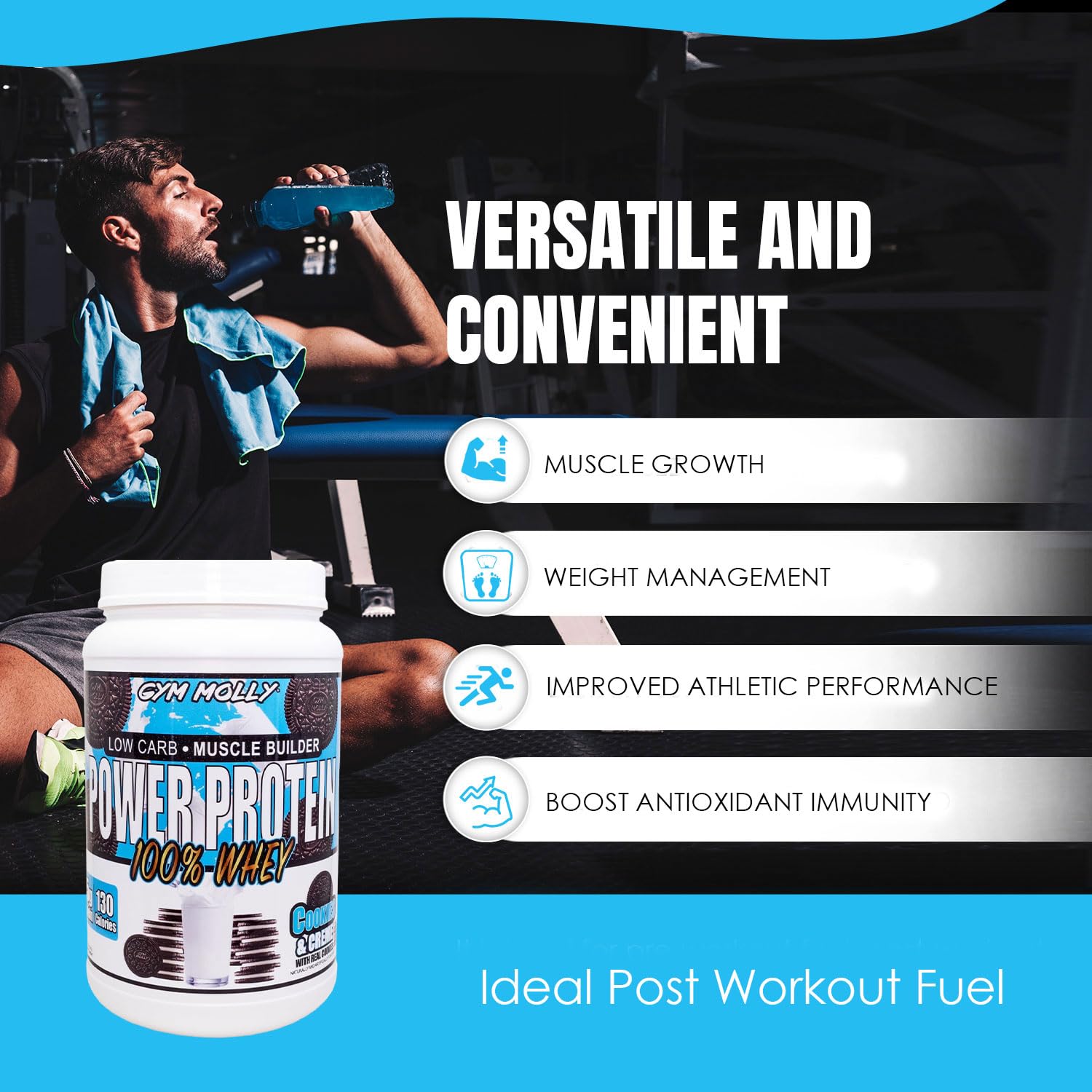 Gym Molly whey-protein-scoop highlighting convenient serving size for quick recovery.