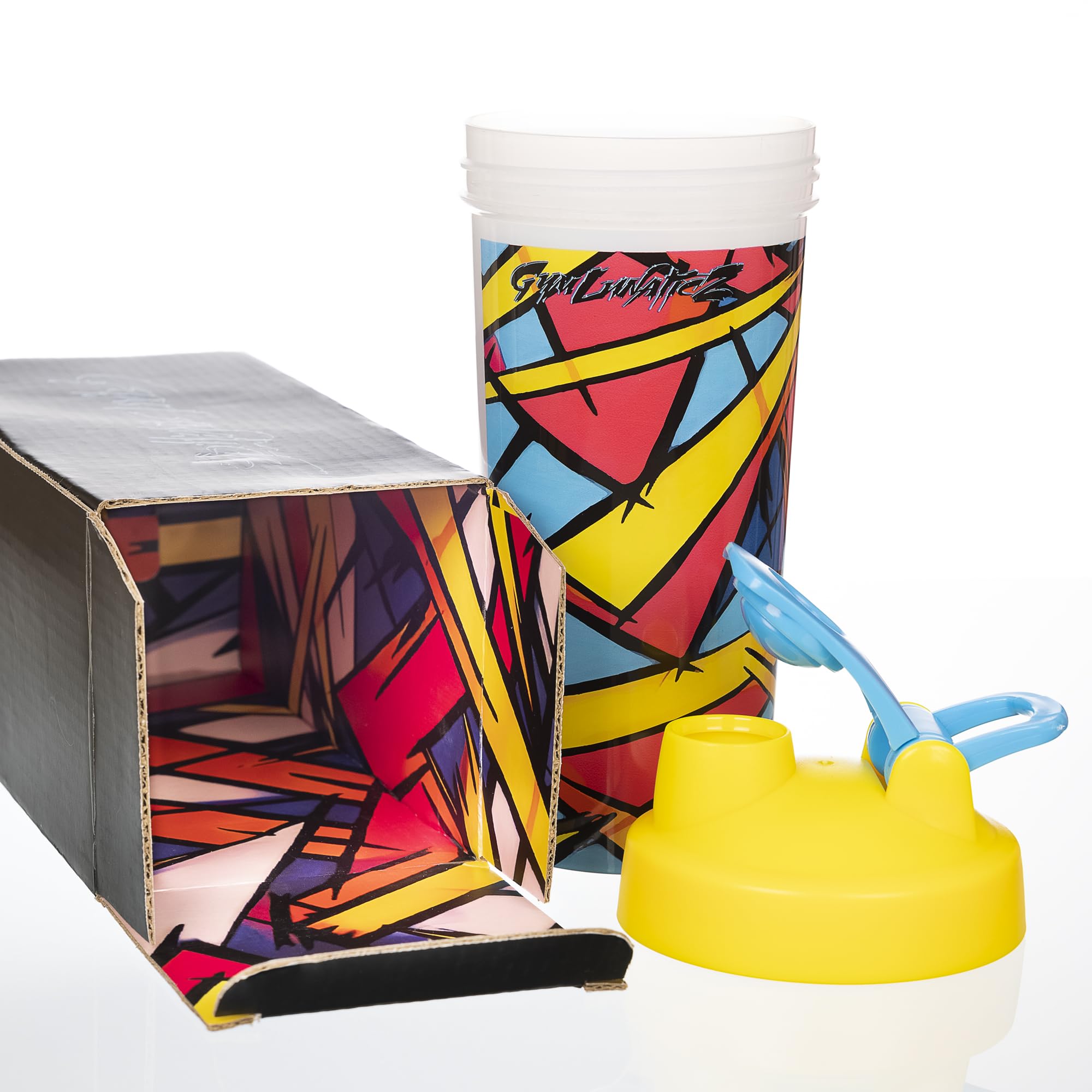 Bold geometric pattern on GymLunaticZ shaker adds vibrant style.