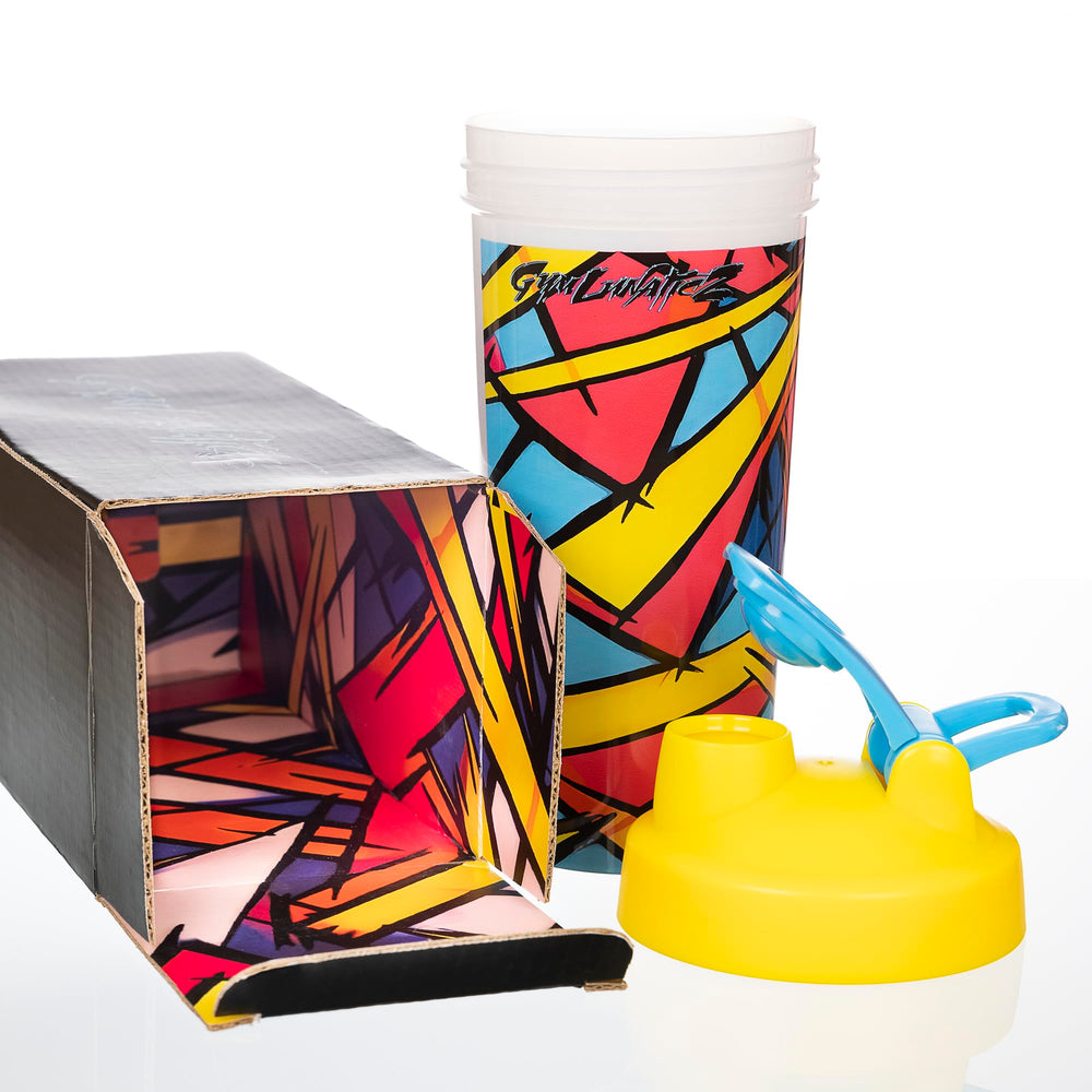 Bold geometric pattern on GymLunaticZ shaker adds vibrant style.