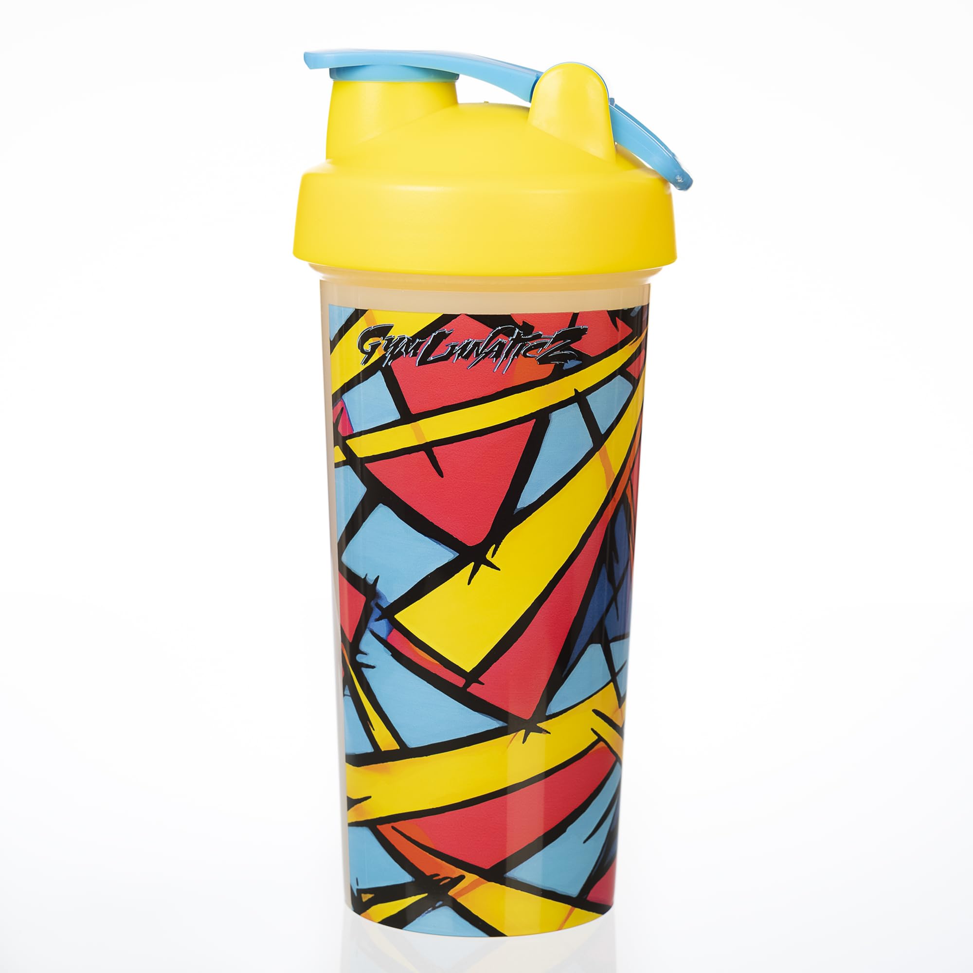 GymLunaticZ protein shaker 20oz with geometric yellow lid for on-the-go mixing.