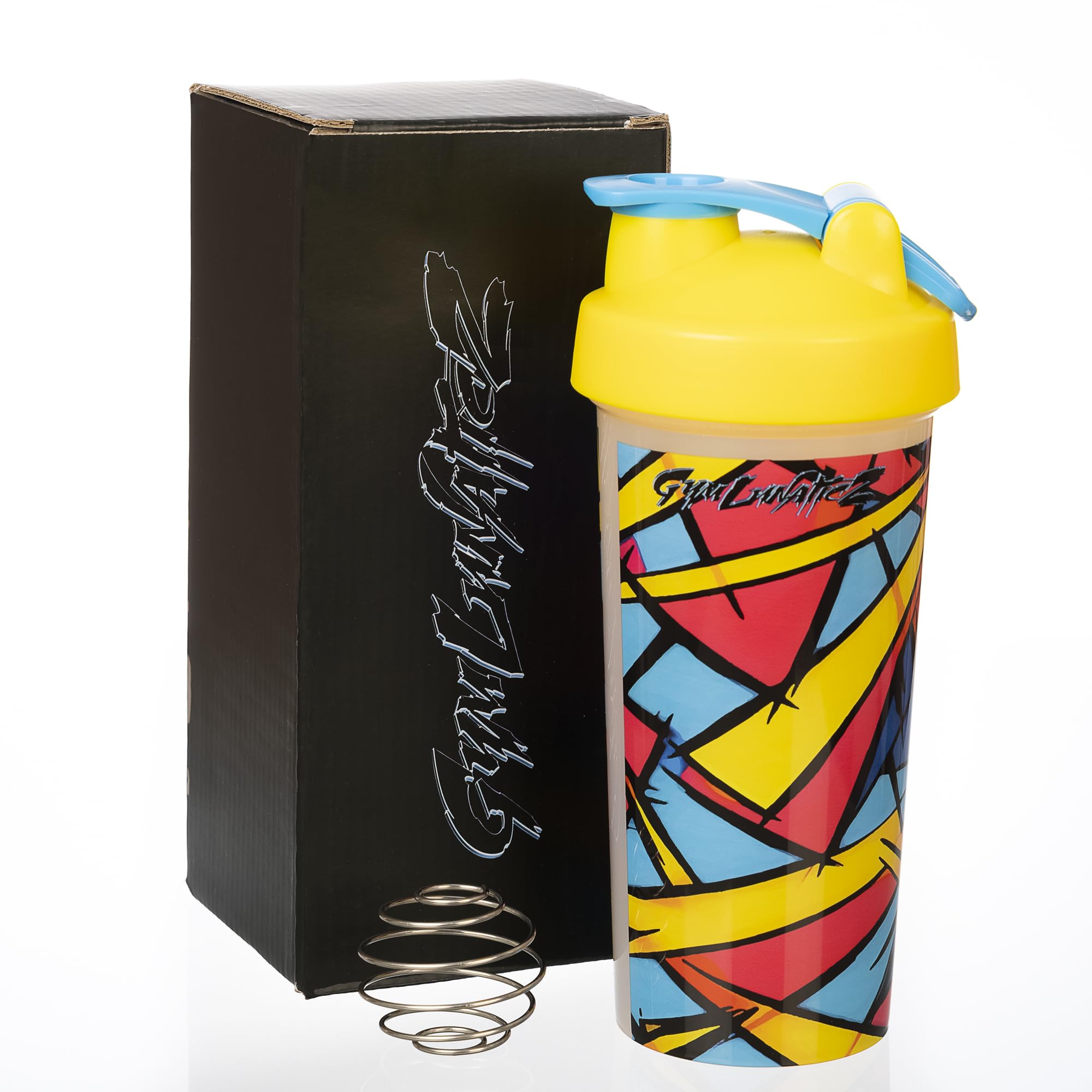 GymLunaticZ shaker shows stainless steel mixing ball for smooth shakes.