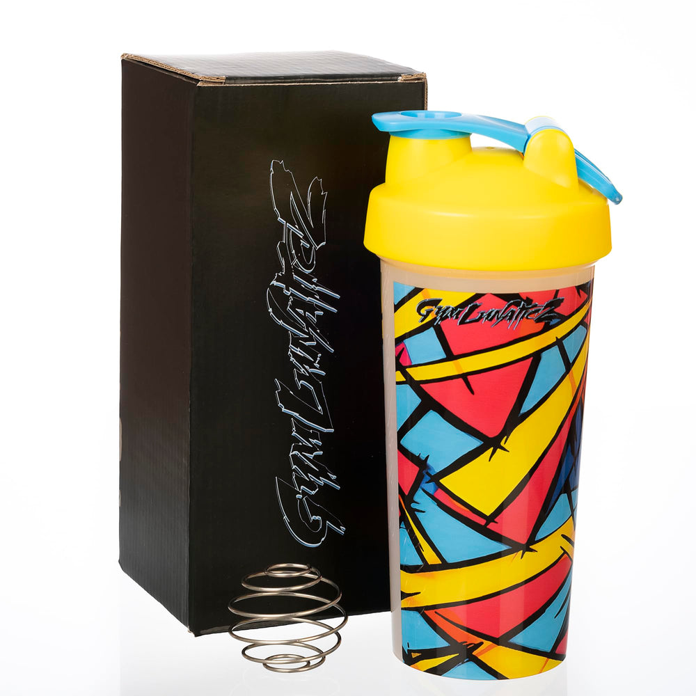 GymLunaticZ shaker shows stainless steel mixing ball for smooth shakes.