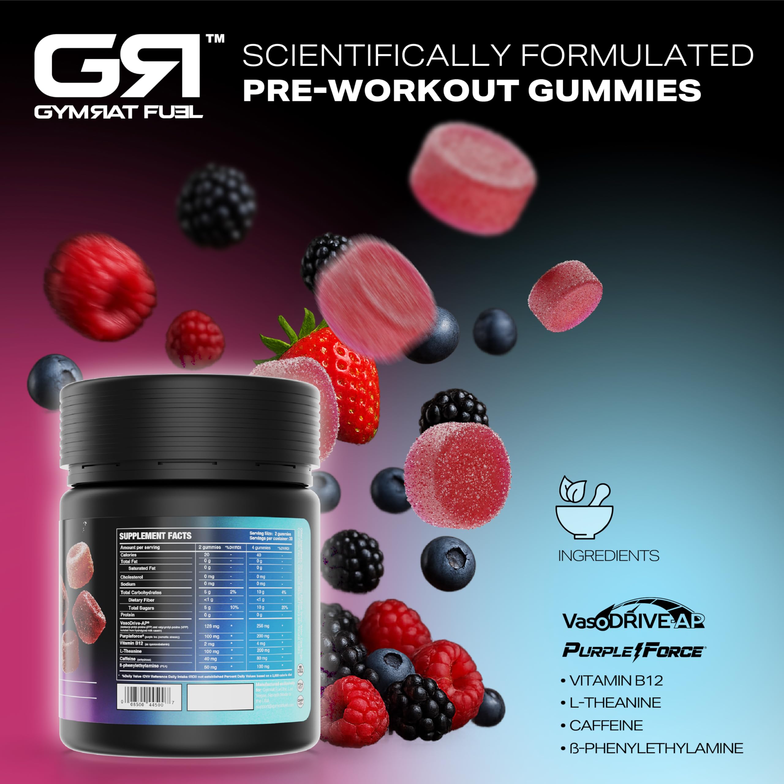 A serving of GymRat Fuel gummies ready to bite during workouts.