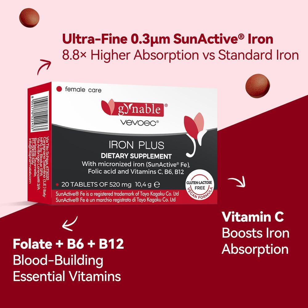 Ingredients panel with folate, B12, B6, and vitamin C for blood health.
