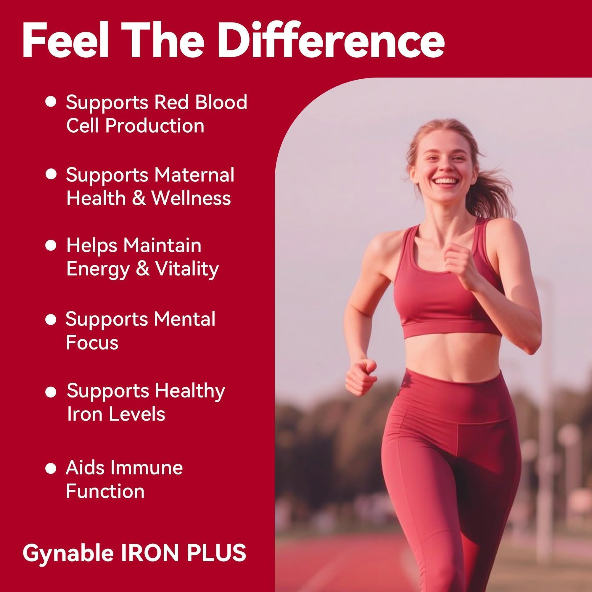 Gynable Iron Plus tablets close-up highlighting small, easy-to-swallow pills.