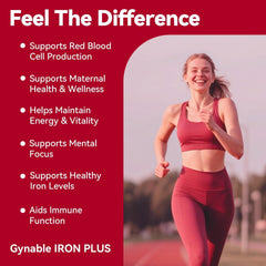 Gynable Iron Plus tablets close-up highlighting small, easy-to-swallow pills.
