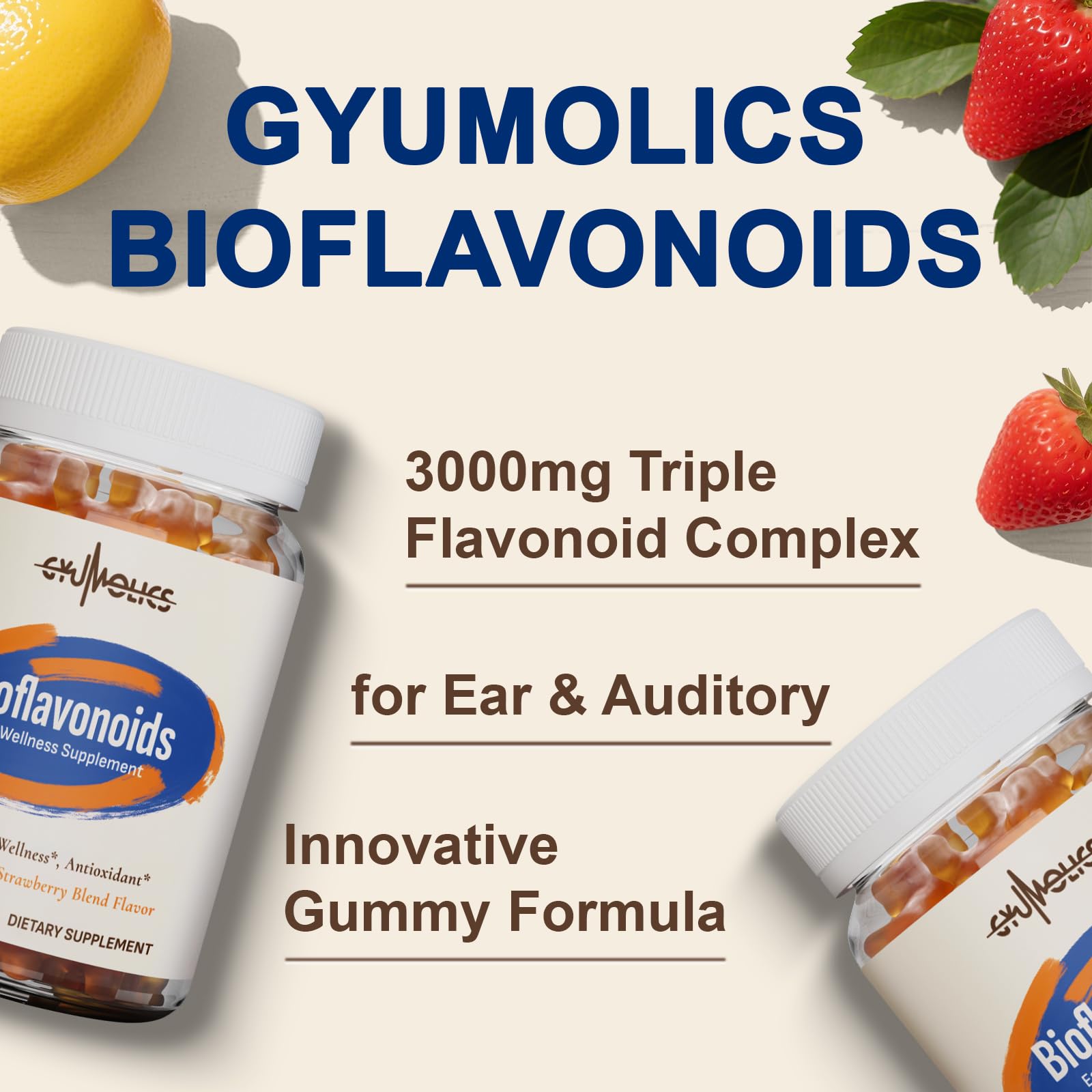 Gyumolics gummy label close-up highlights bioflavonoid blend for overall vitality support.