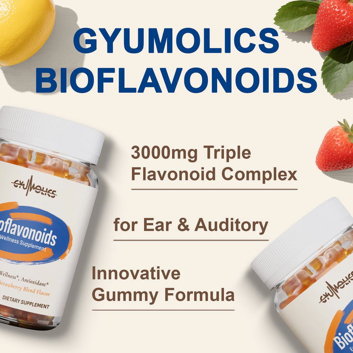 Gyumolics gummy label close-up highlights bioflavonoid blend for overall vitality support.