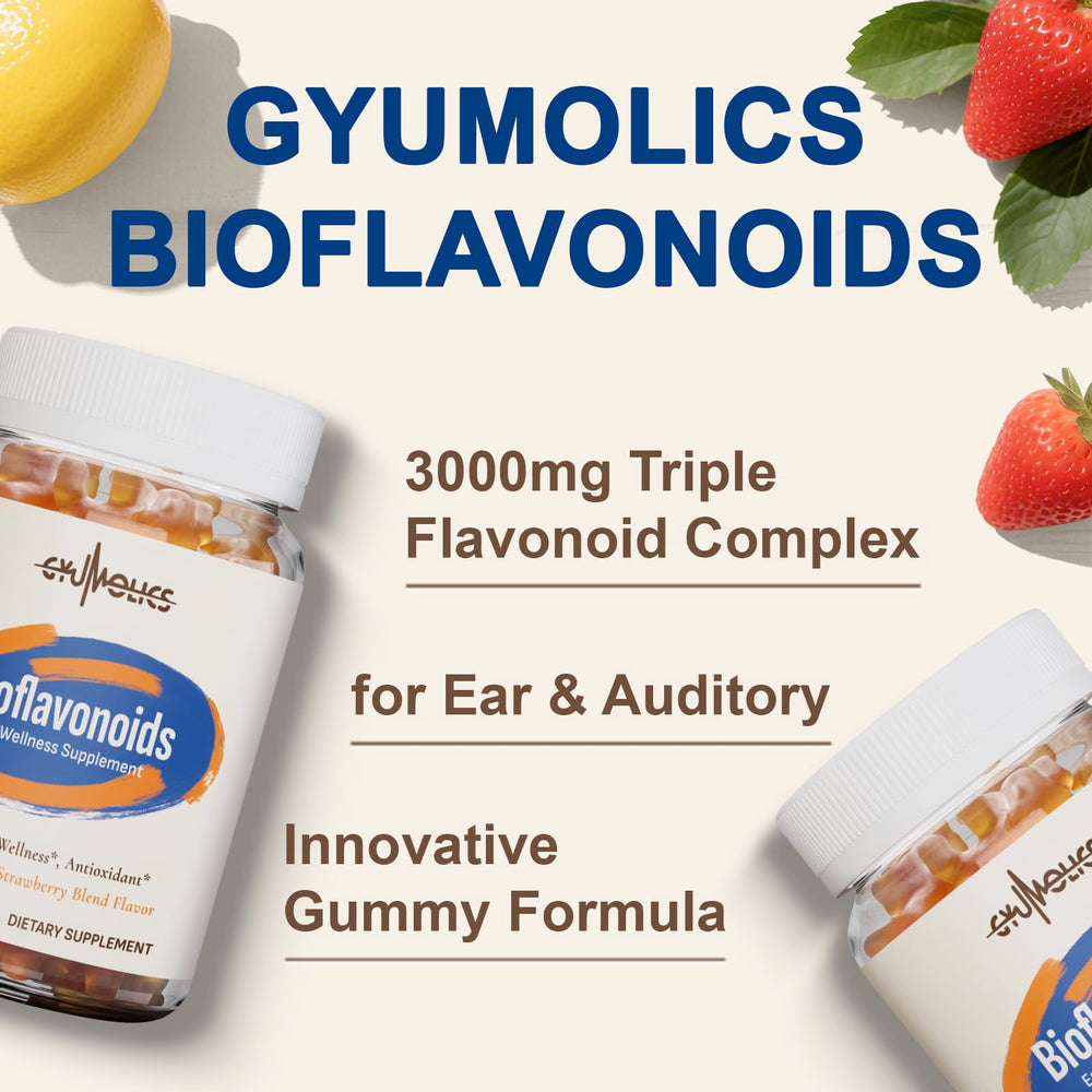 Gyumolics gummy label close-up highlights bioflavonoid blend for overall vitality support.