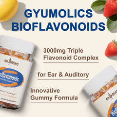 Gyumolics gummy label close-up highlights bioflavonoid blend for overall vitality support.