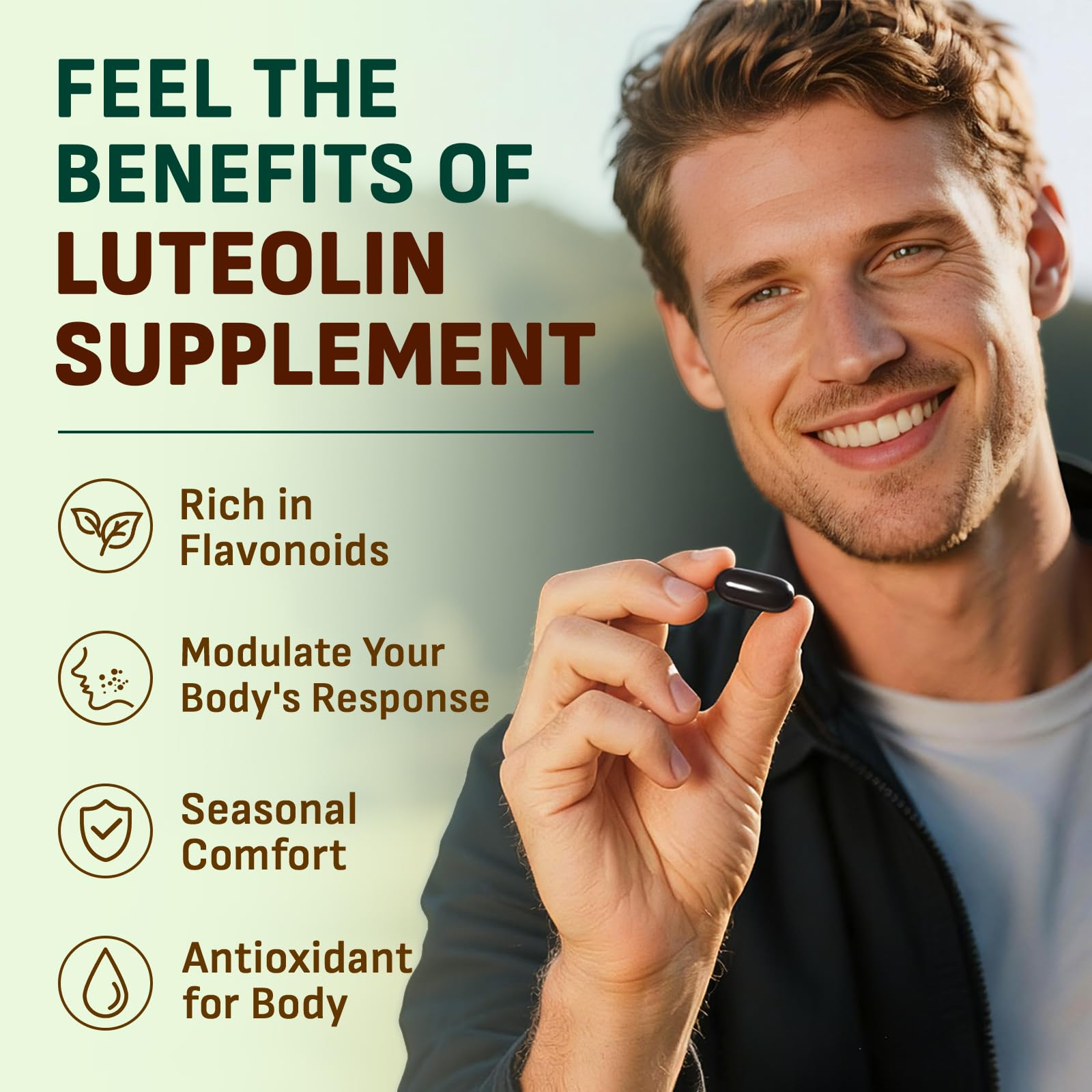 Gyumolics luteolin ingredients panel showing vegan formula.