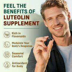 Gyumolics luteolin ingredients panel showing vegan formula.