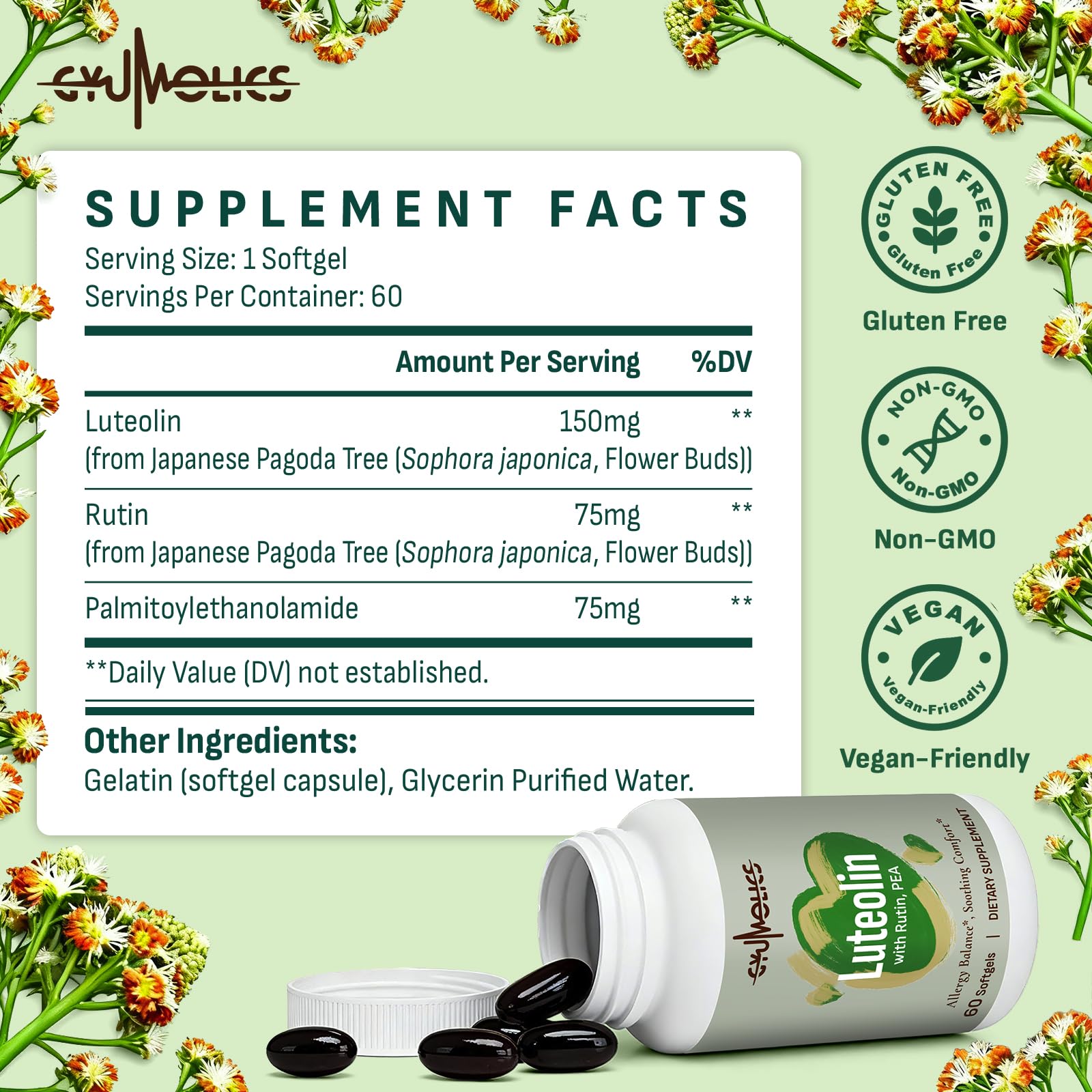 Gyumolics luteolin packaging front conveys purity and credibility.