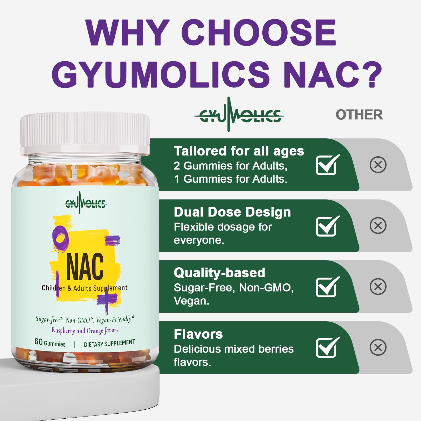 Gyumolics NAC vegan gummies image communicates plant-based, dairy-free wellness option