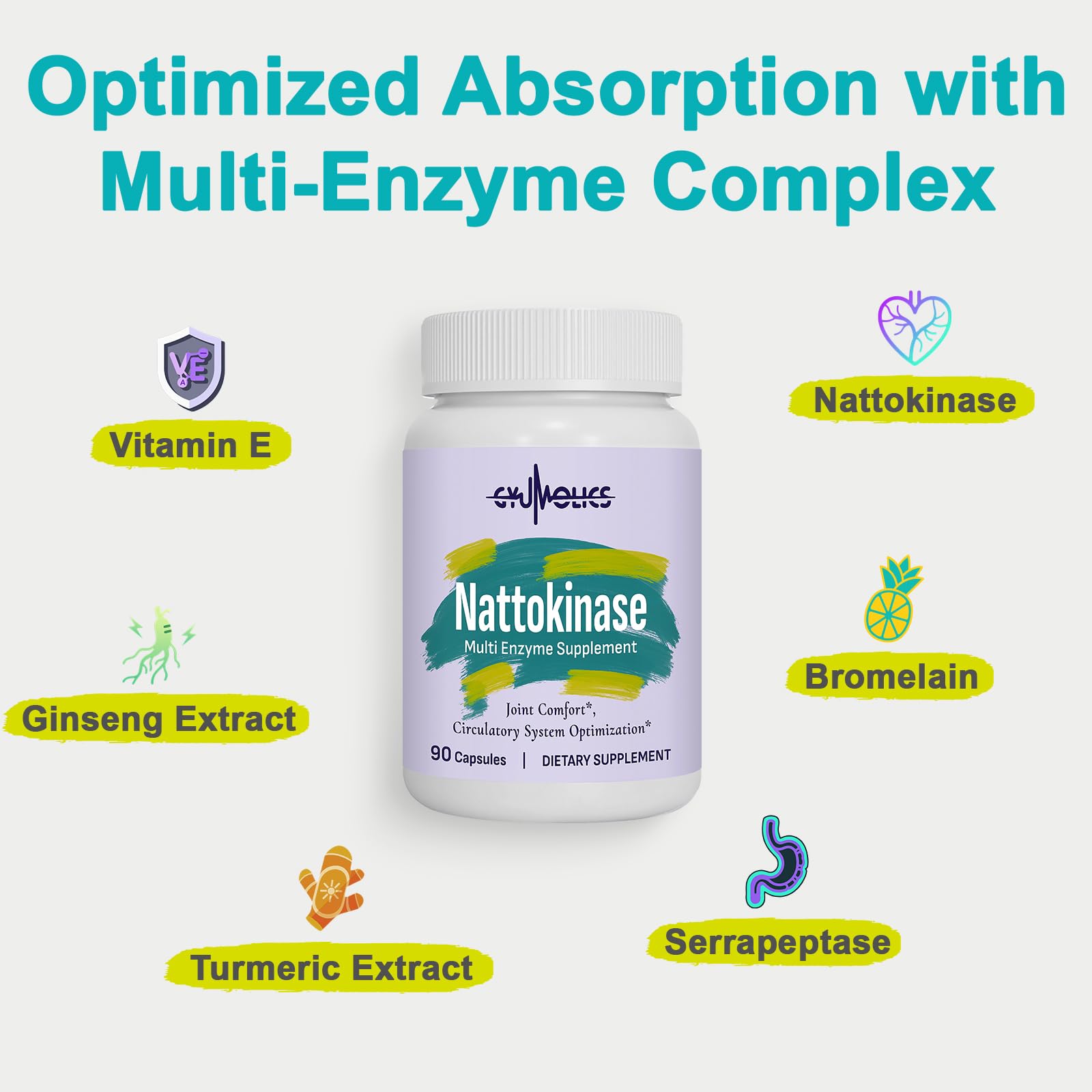 Gyumolics nattokinase capsules close-up, easy-to-swallow vegetarian pills for daily wellness.