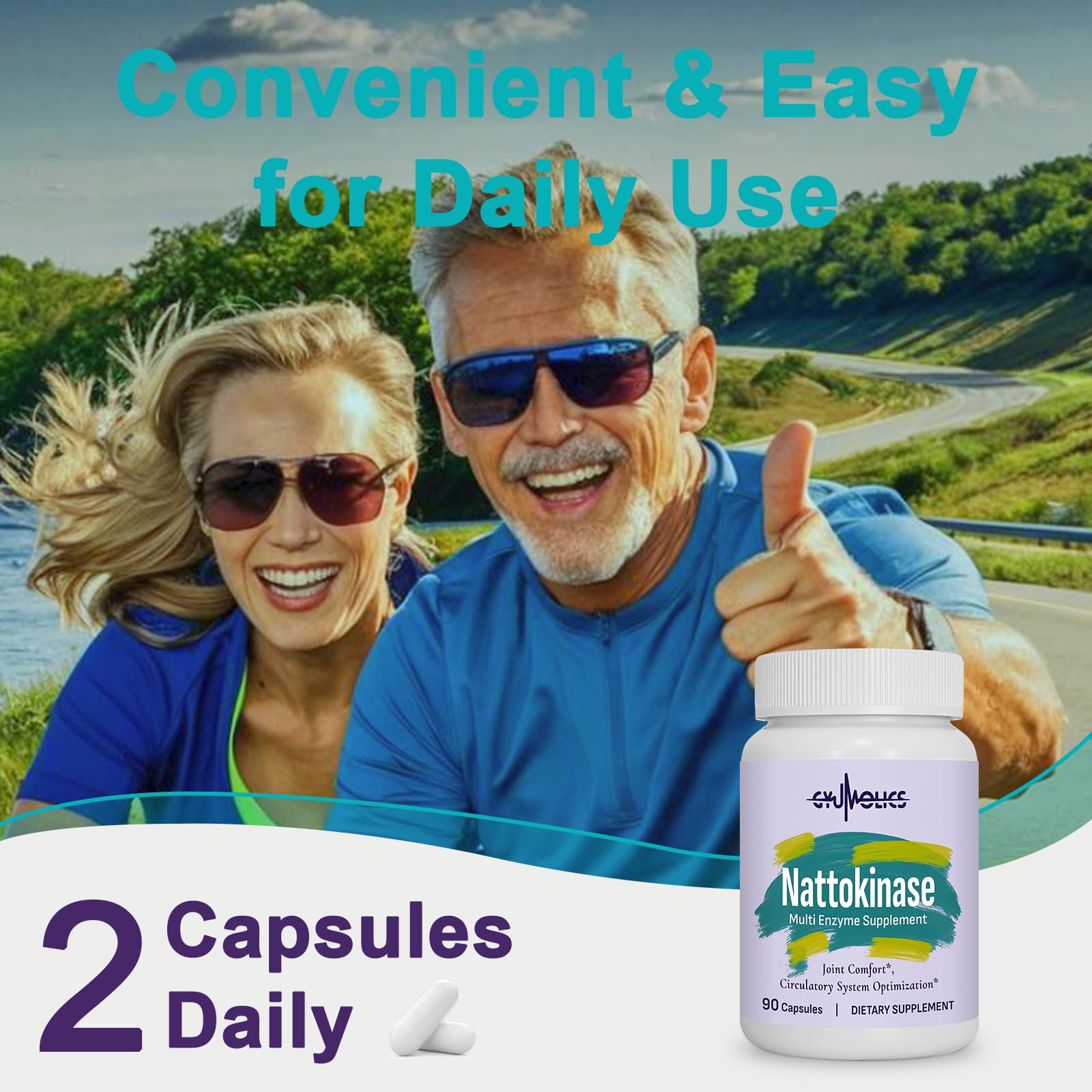 Gyumolics nattokinase daily-use routine with glass of water.