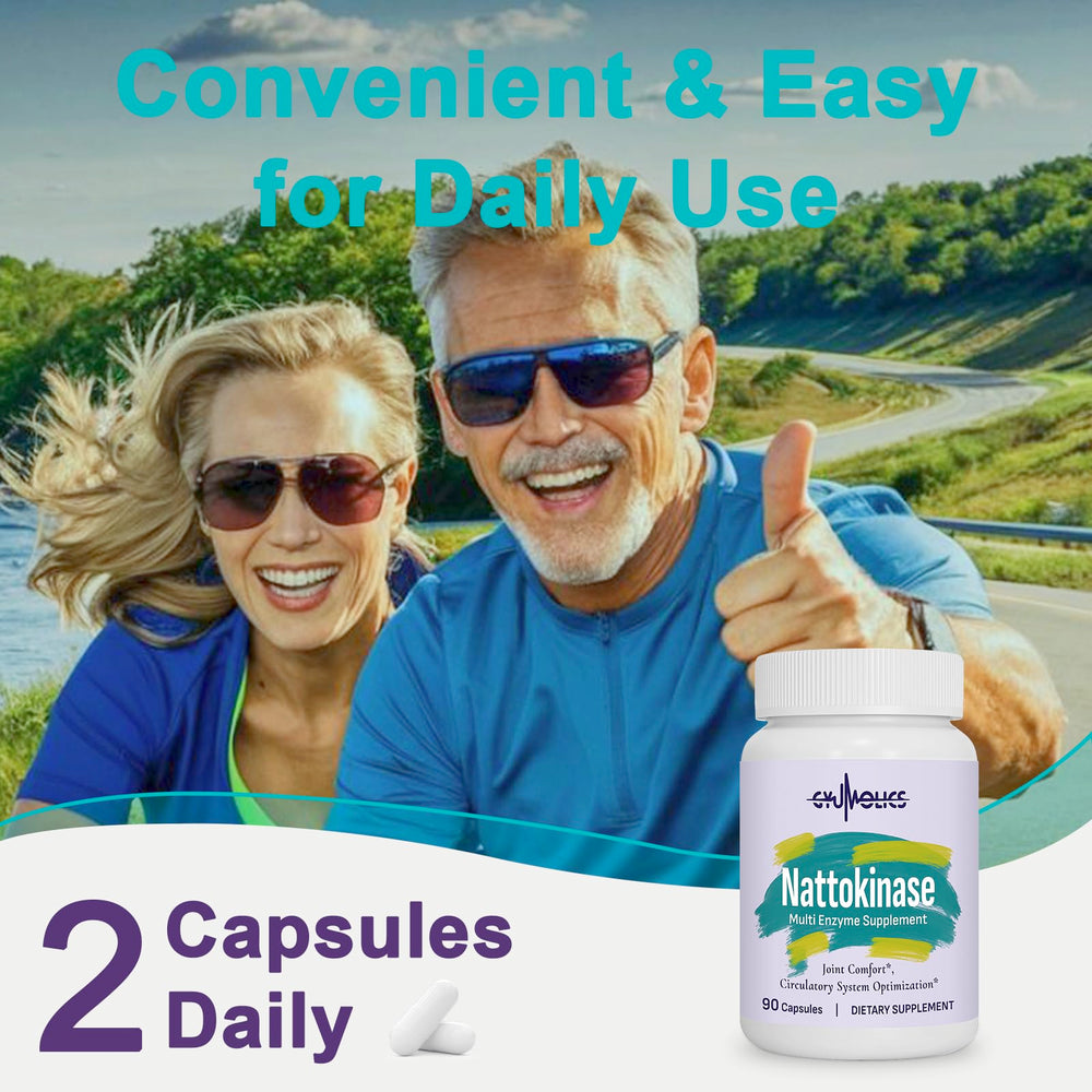 Gyumolics nattokinase daily-use routine with glass of water.