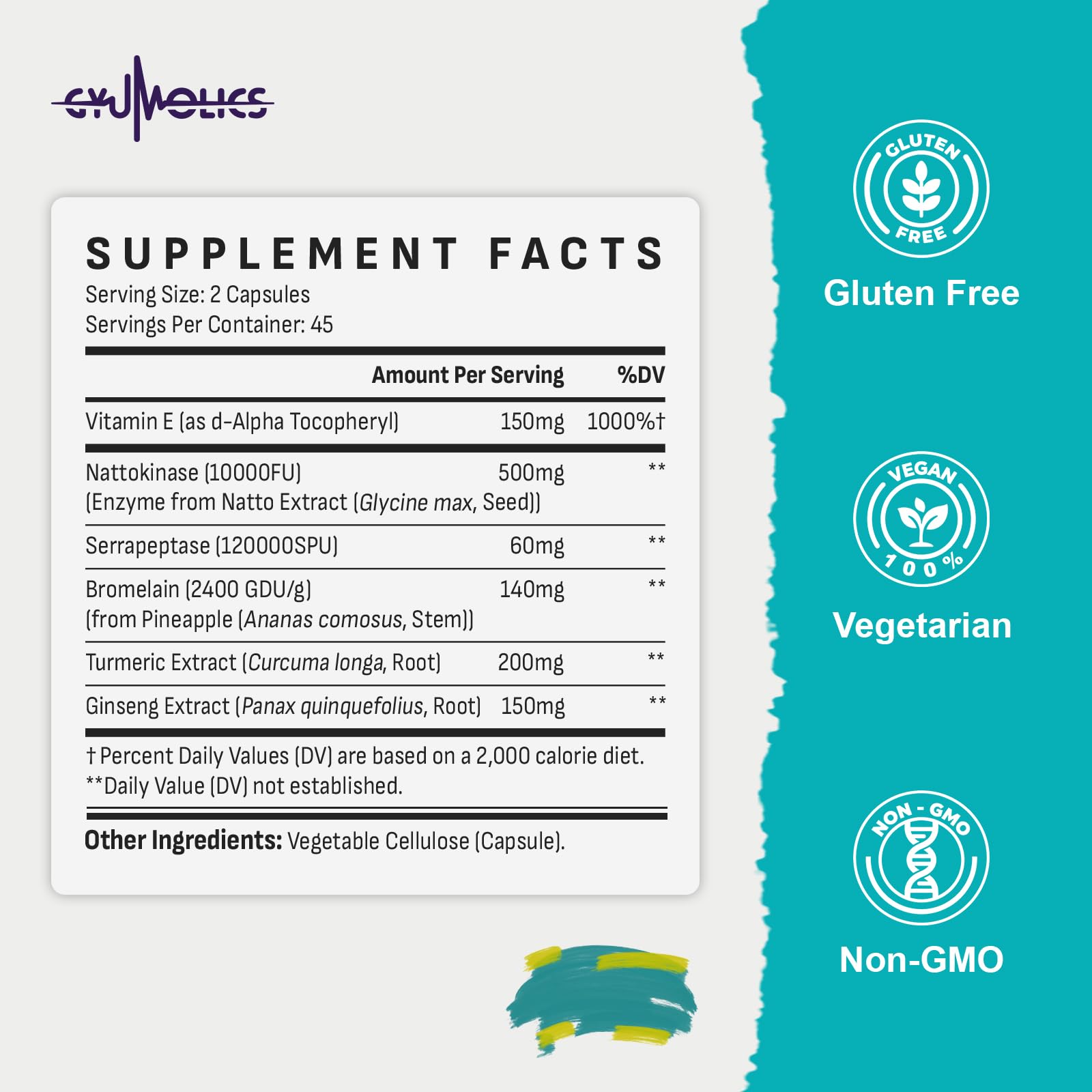Gyumolics nattokinase ingredients display, featuring enzyme blend for digestion and circulation.