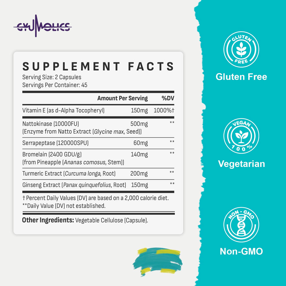 Gyumolics nattokinase ingredients display, featuring enzyme blend for digestion and circulation.