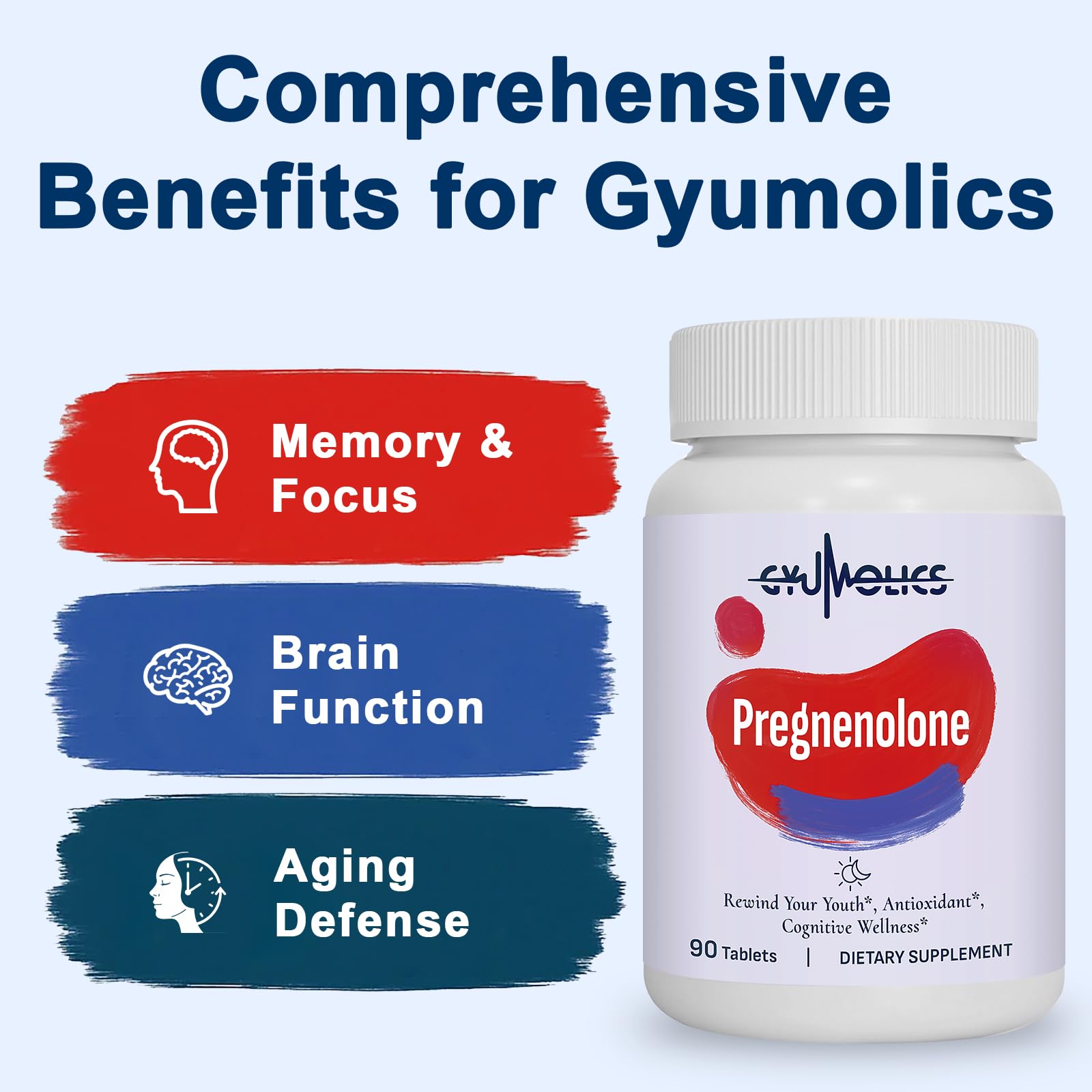 Gyumolics Pregnenolone tablets close-up highlighting a simple daily brain health routine.