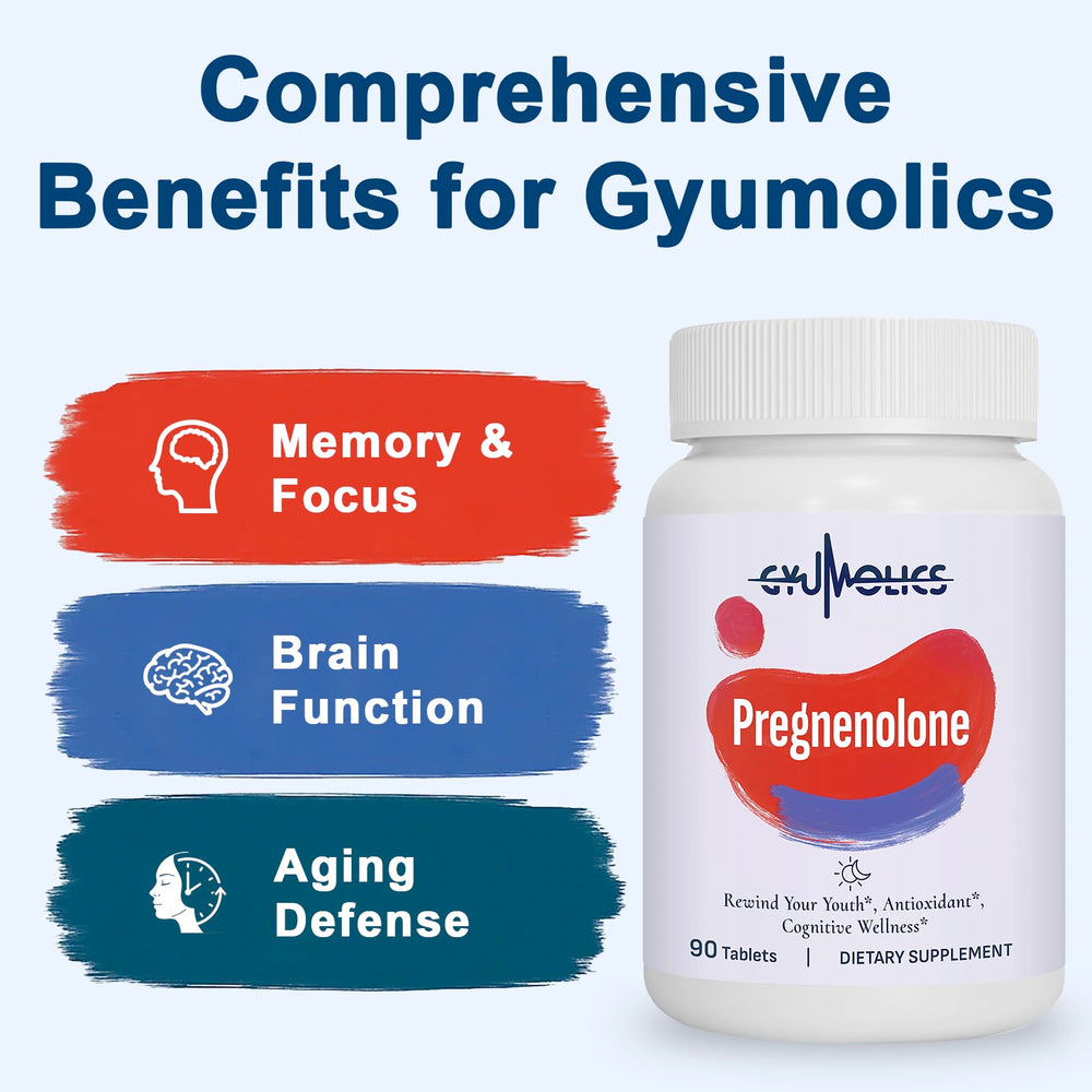 Gyumolics Pregnenolone tablets close-up highlighting a simple daily brain health routine.