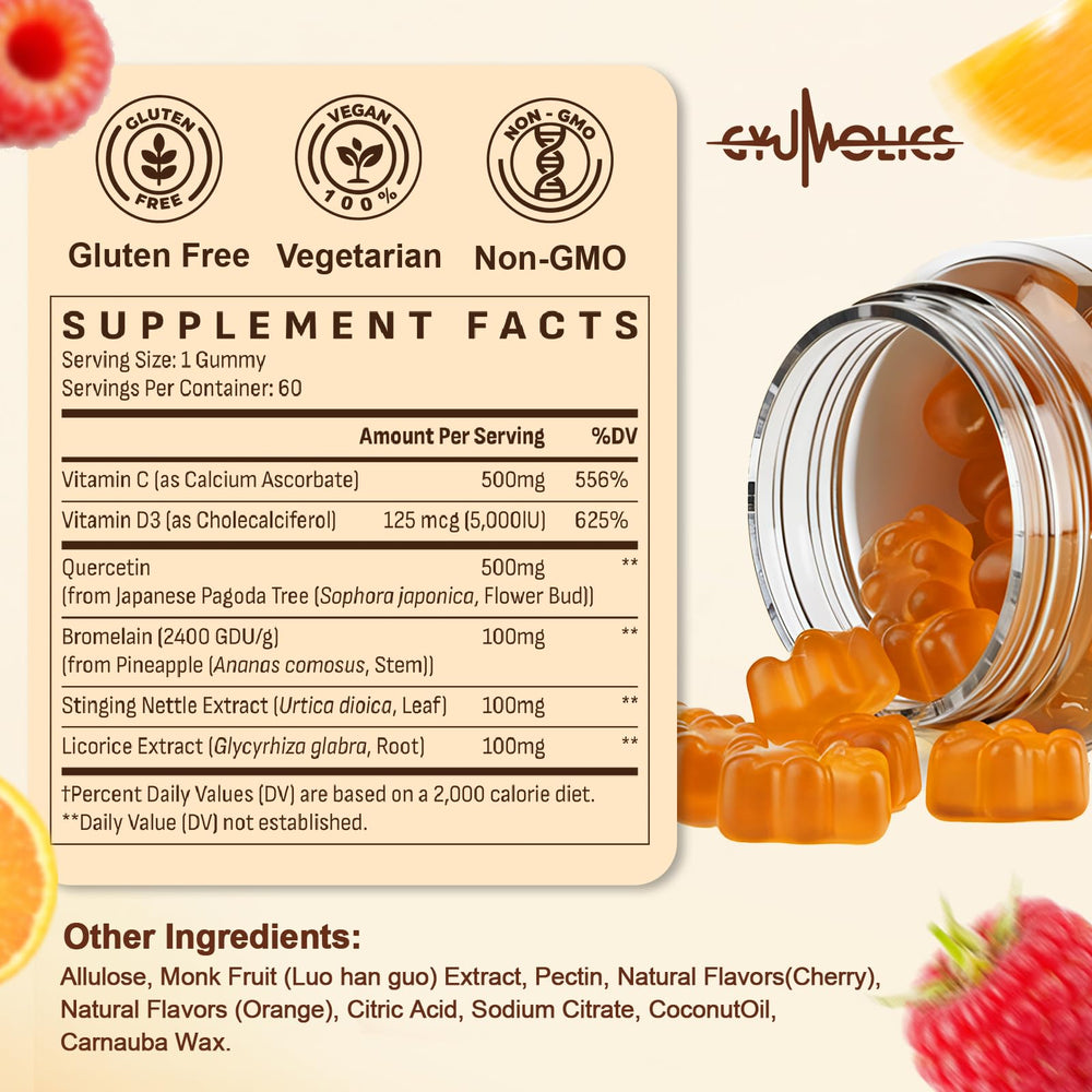 Vegan and gluten-free Gyumolics Quercetin 500mg Gummies for Kids label