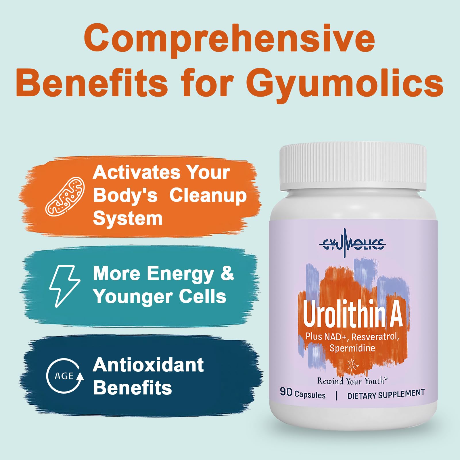 Close-up of Gyumolics Urolithin A capsules for easy daily dosing.