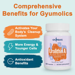 Close-up of Gyumolics Urolithin A capsules for easy daily dosing.