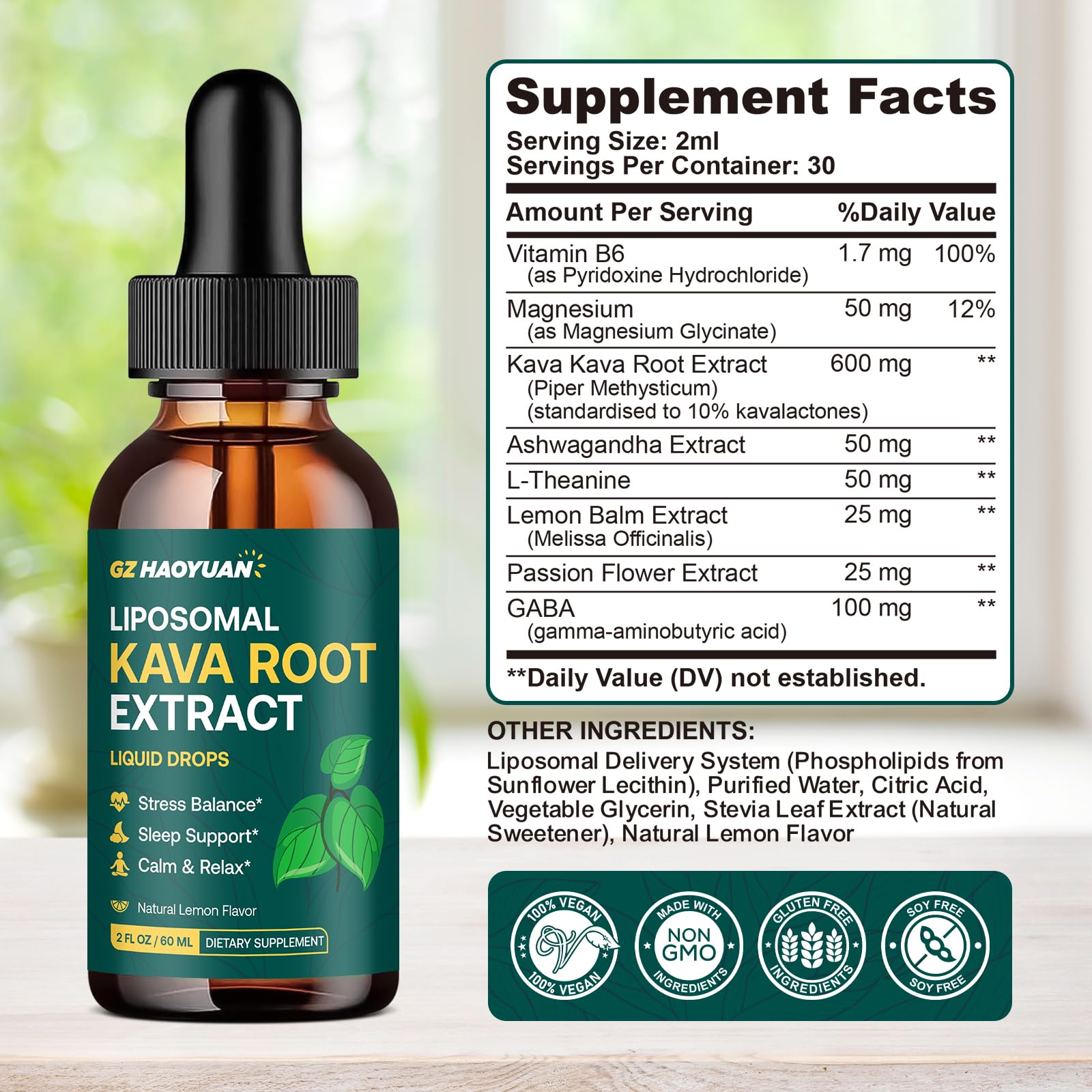 GZ HAOYUAN kava drops gluten-free vegan formula.