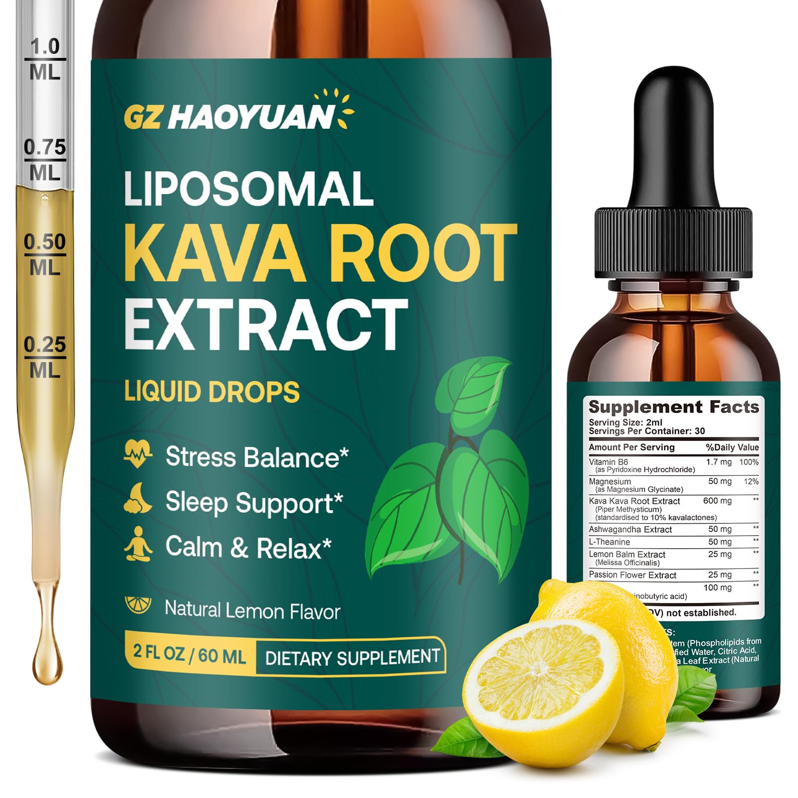 GZ HAOYUAN liposomal kava drops bottle promotes calm evenings.