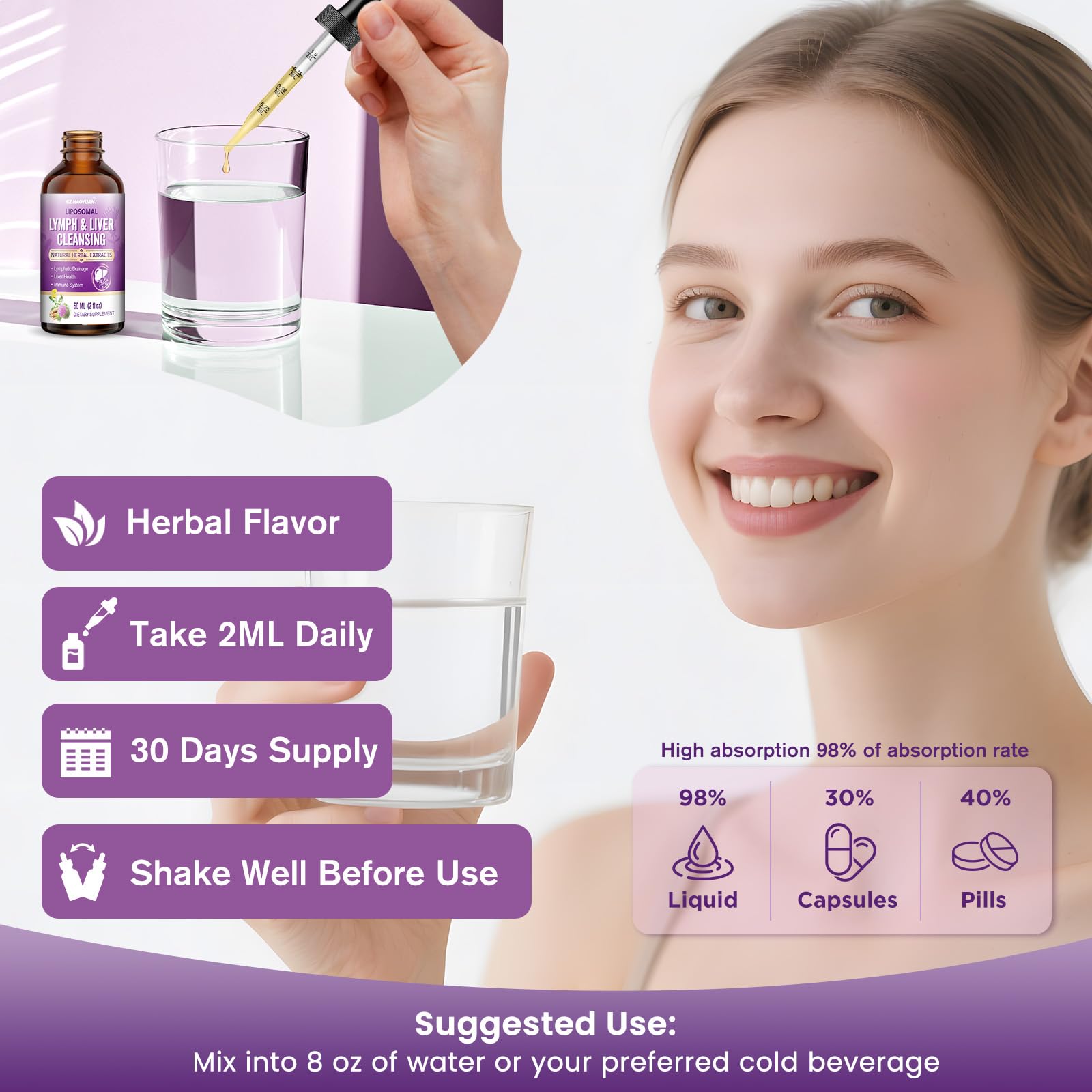 GZ Haoyuan Lymph-Liver Drops bottle on clean surface emphasising vegan, non-GMO wellness