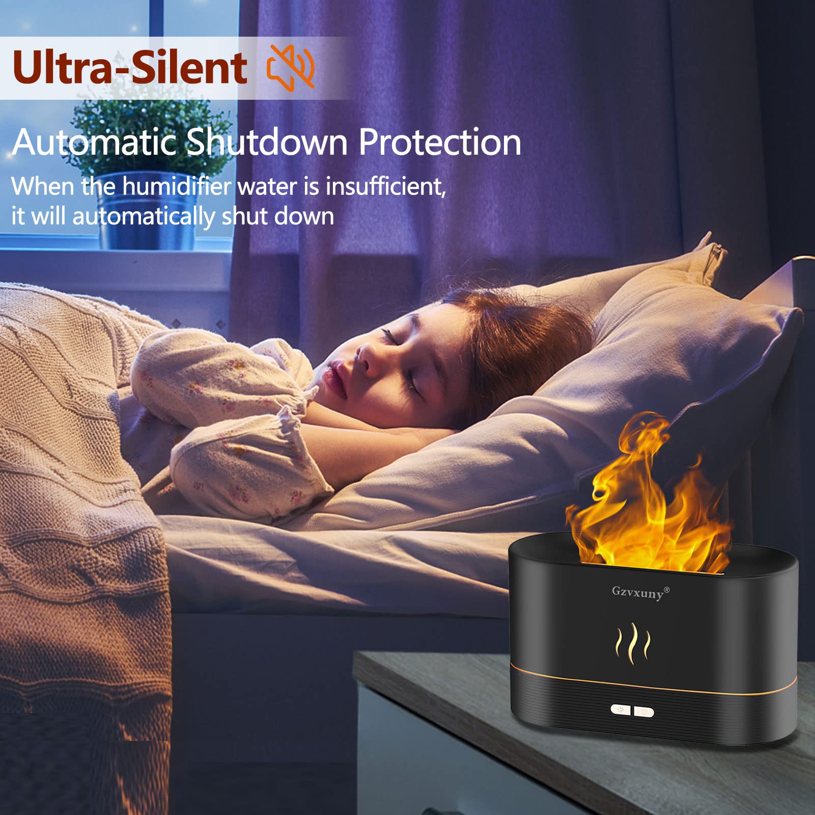 Gzvxuny Flame Diffuser complements modern bedroom decor and desk setups