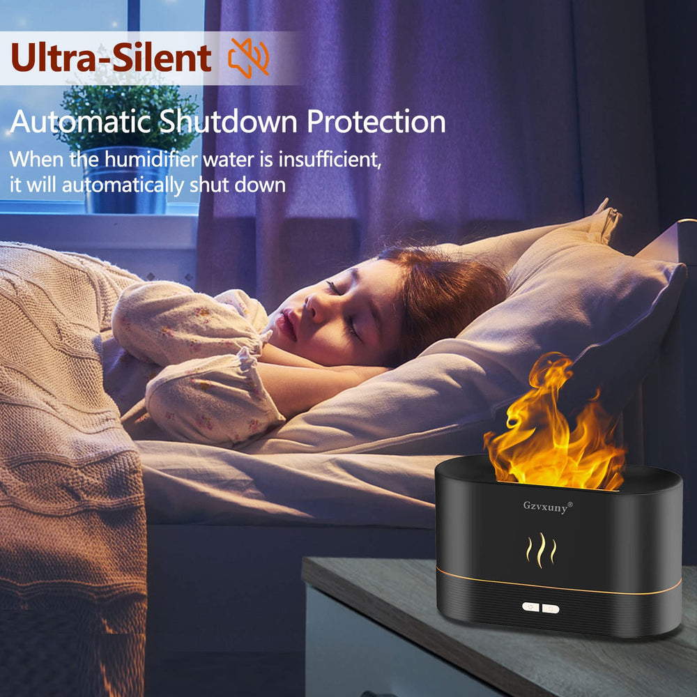 Gzvxuny Flame Diffuser complements modern bedroom decor and desk setups