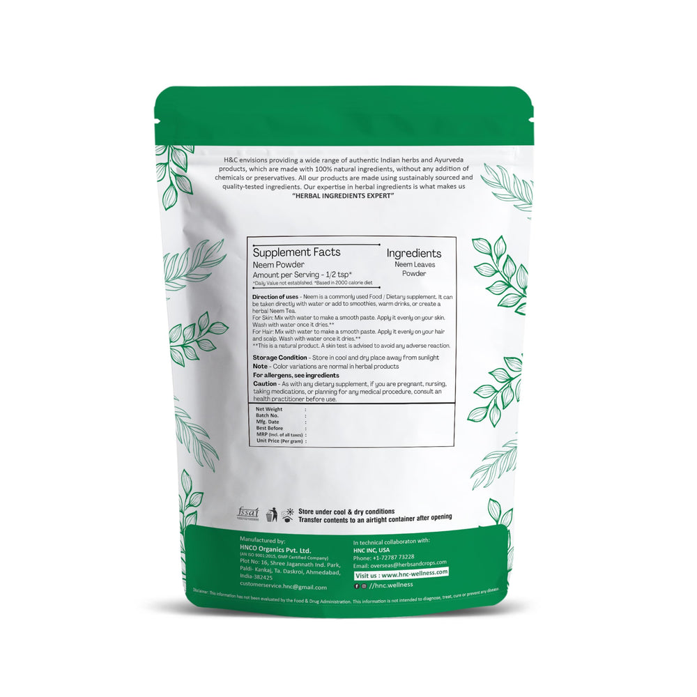 H&C Neem Leaves Powder back label closeup highlighting 100% natural ingredients.