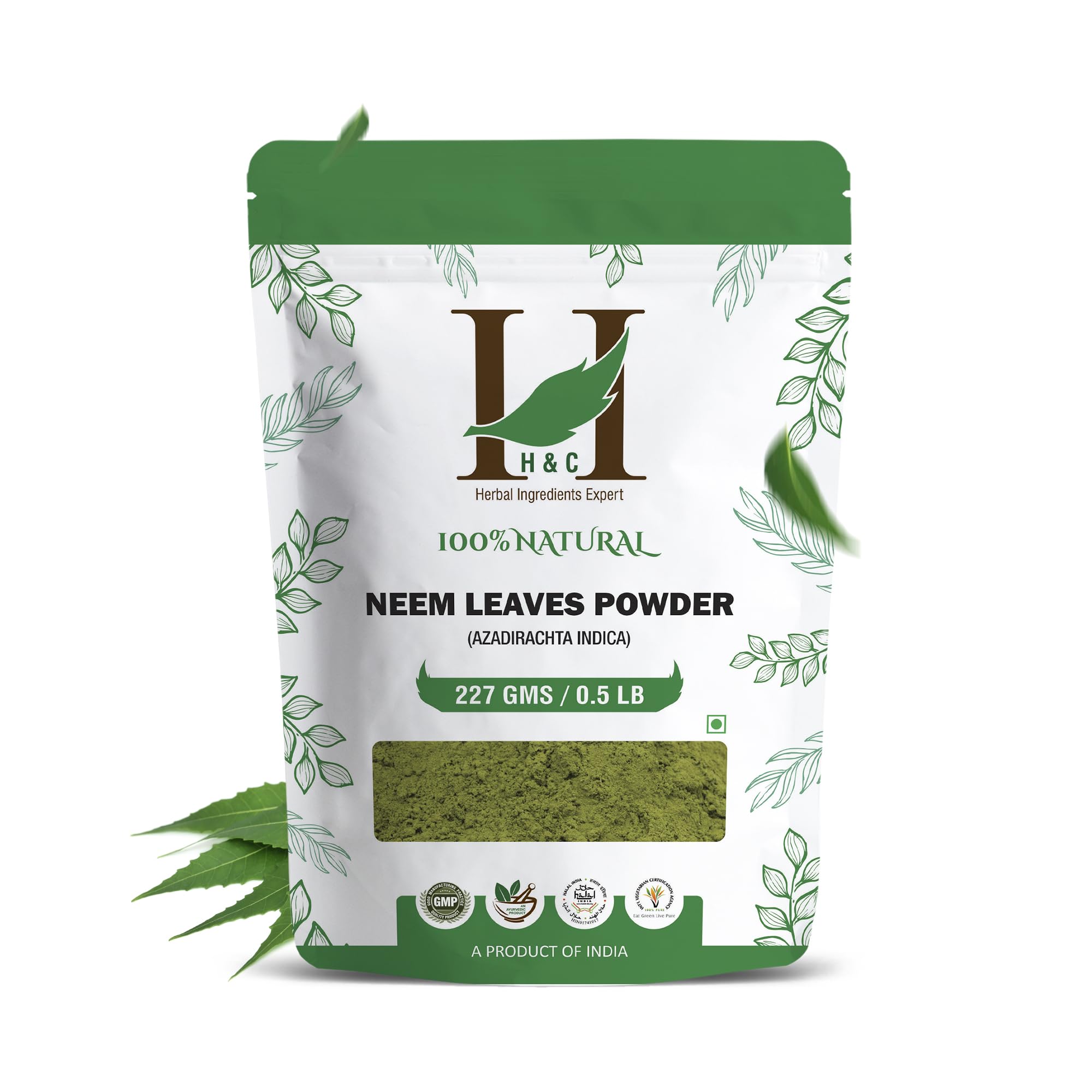 H&C Neem Leaves Powder jar front view for pure, versatile hair and skin use.