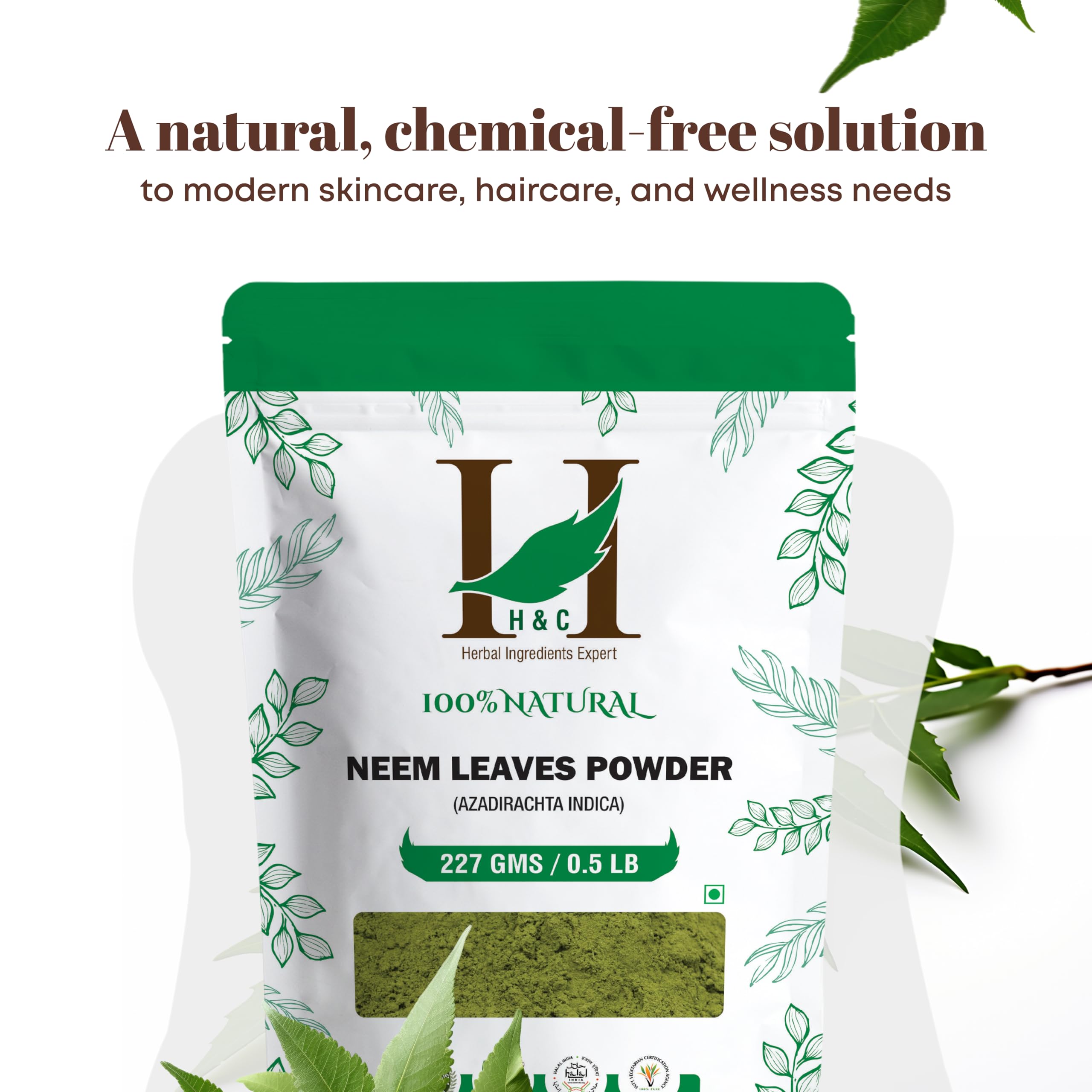 H&C Neem Leaves Powder packaging scene showing natural, earthy tones.