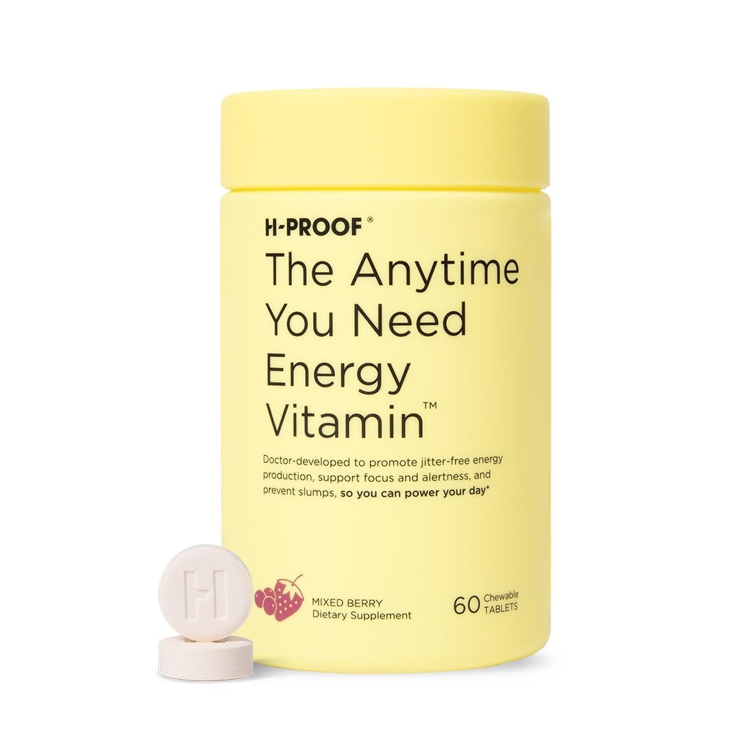 H-PROOF Anytime Energy bottle closeup highlighting convenient, jitter-free energy chews