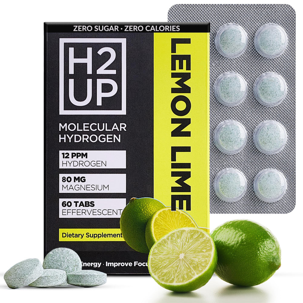 H2UP hydrogen tablets dissolving in water for clean hydration.