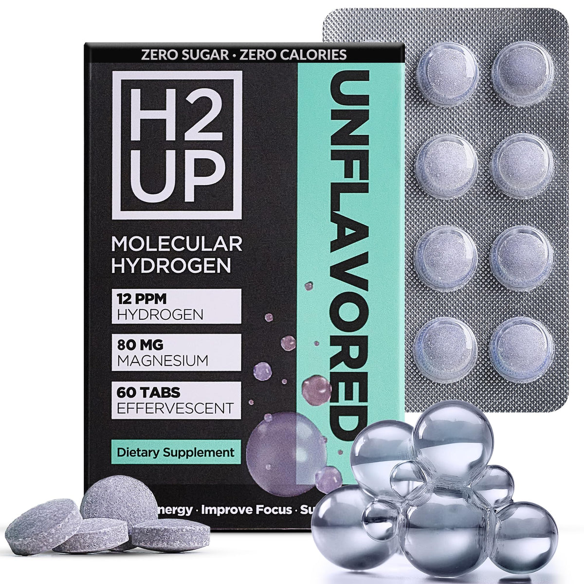 H2UP sugar-free hydrogen tablets in 60-count for clean hydration.