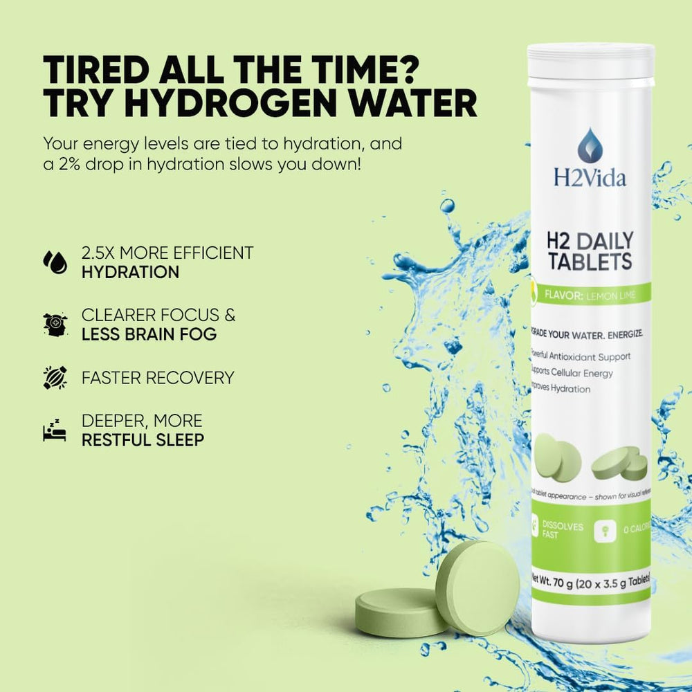 H2Vida packaging with 20 tablets shown in a mockup